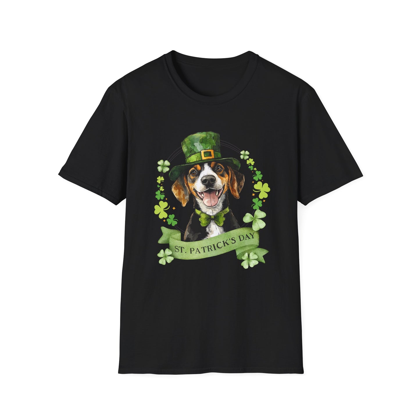 St. Patrick’s Day black t-shirt featuring a Beagle dog with a shamrock garland and festive Irish design