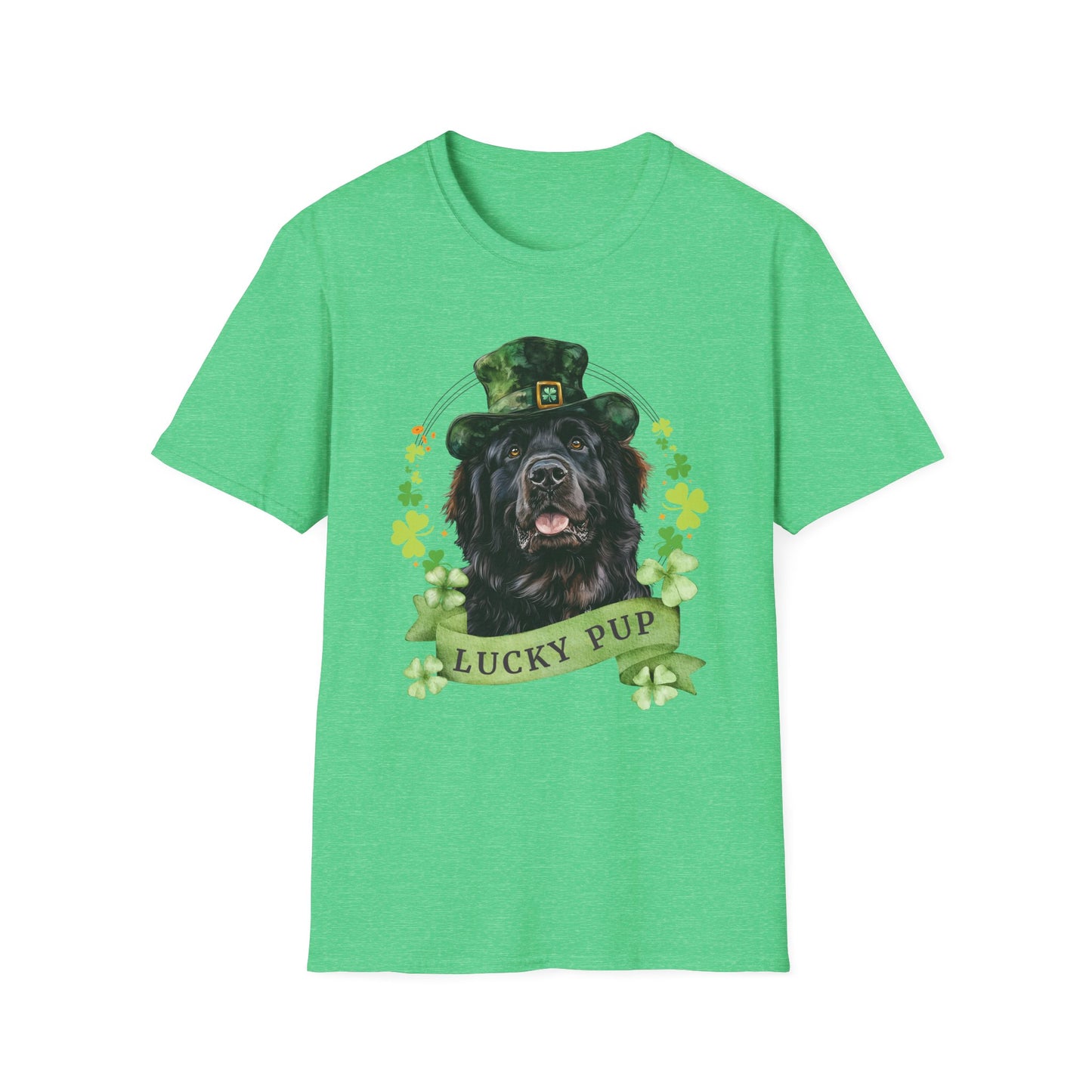 St. Patrick’s Day newfoundland dog t-shirt with a lucky shamrock print, great for dog lovers