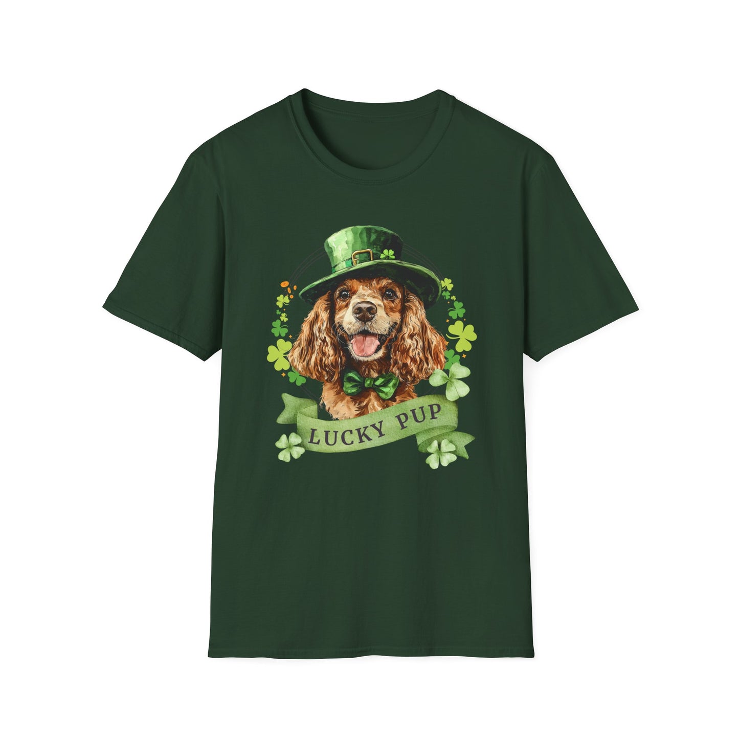 St. Patrick’s Day t-shirt featuring American cocker spaniel dog with a shamrock garland and festive Irish design