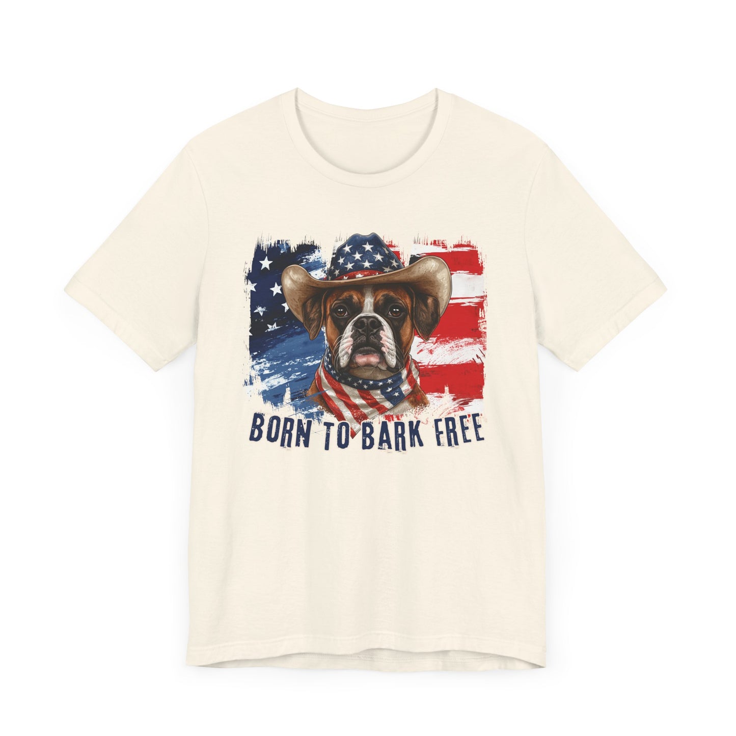 Boxer Patriotic T-Shirt "Born to Bark Free" - Dog-Themed Patriotic Design