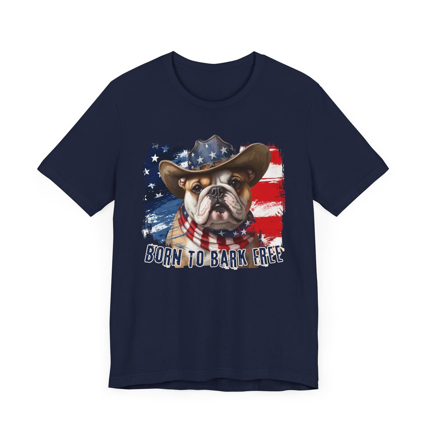 English Bulldog Patriotic T-Shirt "Born to Bark Free" - Dog-Themed Patriotic Design