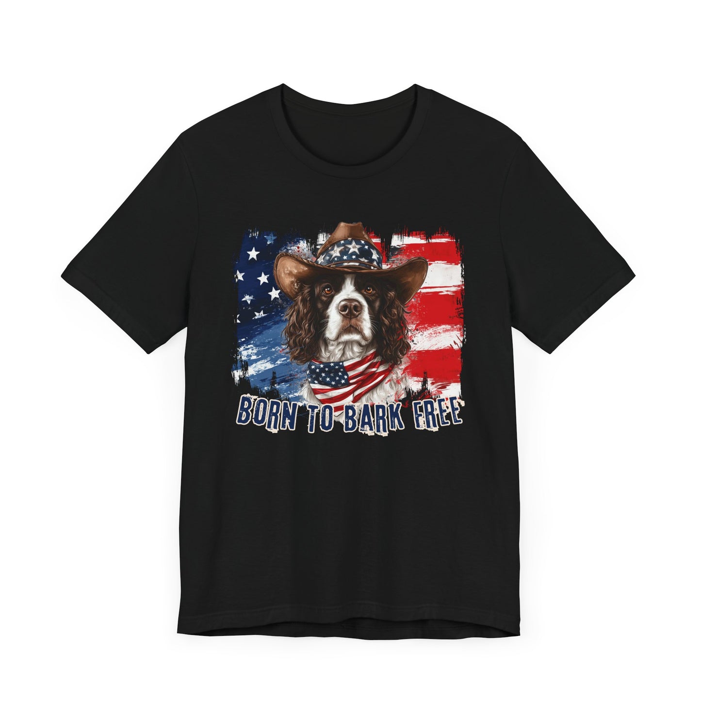 English Springer Spaniel Patriotic T-Shirt "Born to Bark Free" - Dog-Themed Patriotic Design