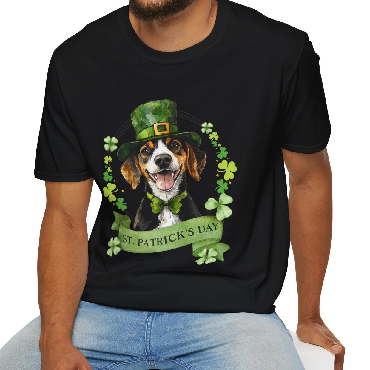 St. Patrick’s Day t-shirt featuring a Beagle dog with a shamrock garland and festive Irish design