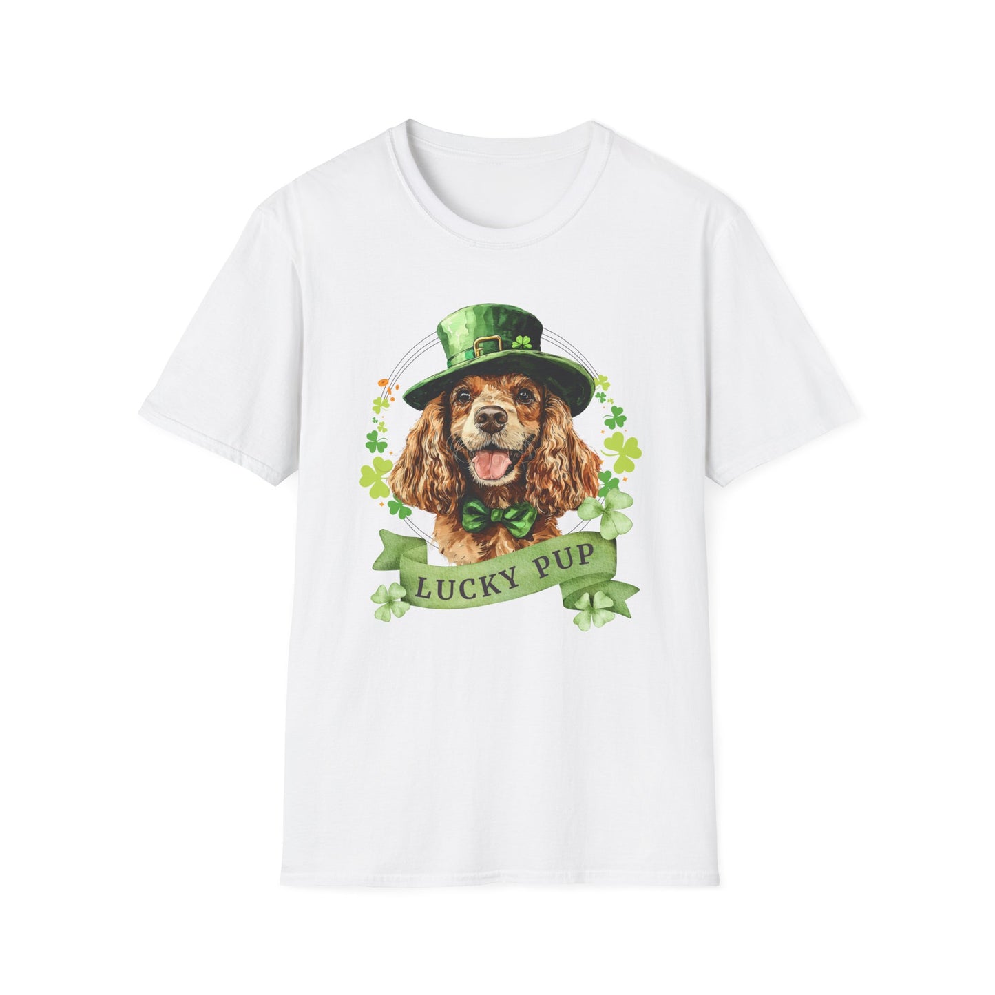 St. Patrick’s Day t-shirt featuring American cocker spaniel dog with a shamrock garland and festive Irish design