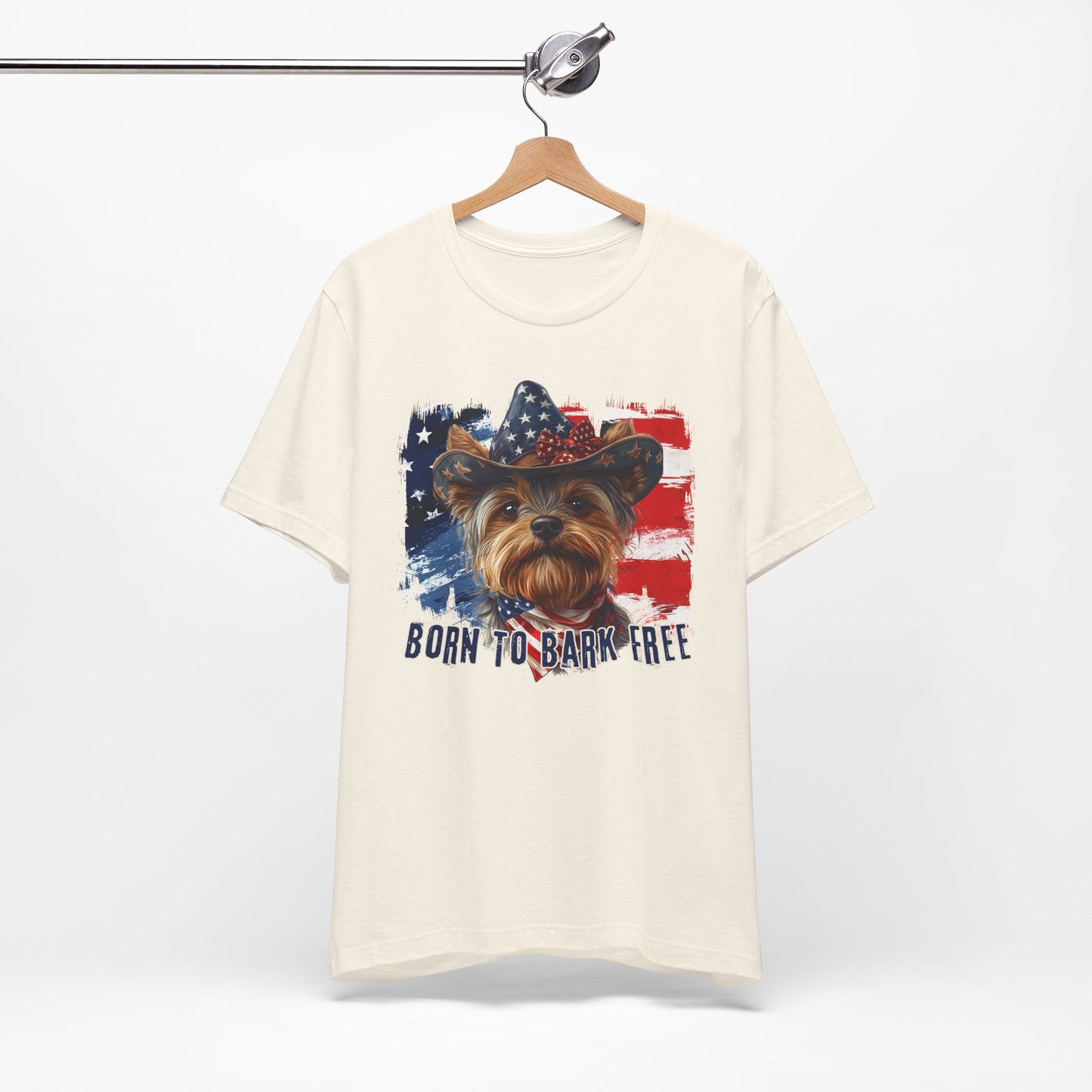 Yorkie Patriotic T-Shirt "Born to Bark Free" - Dog-Themed Patriotic Design