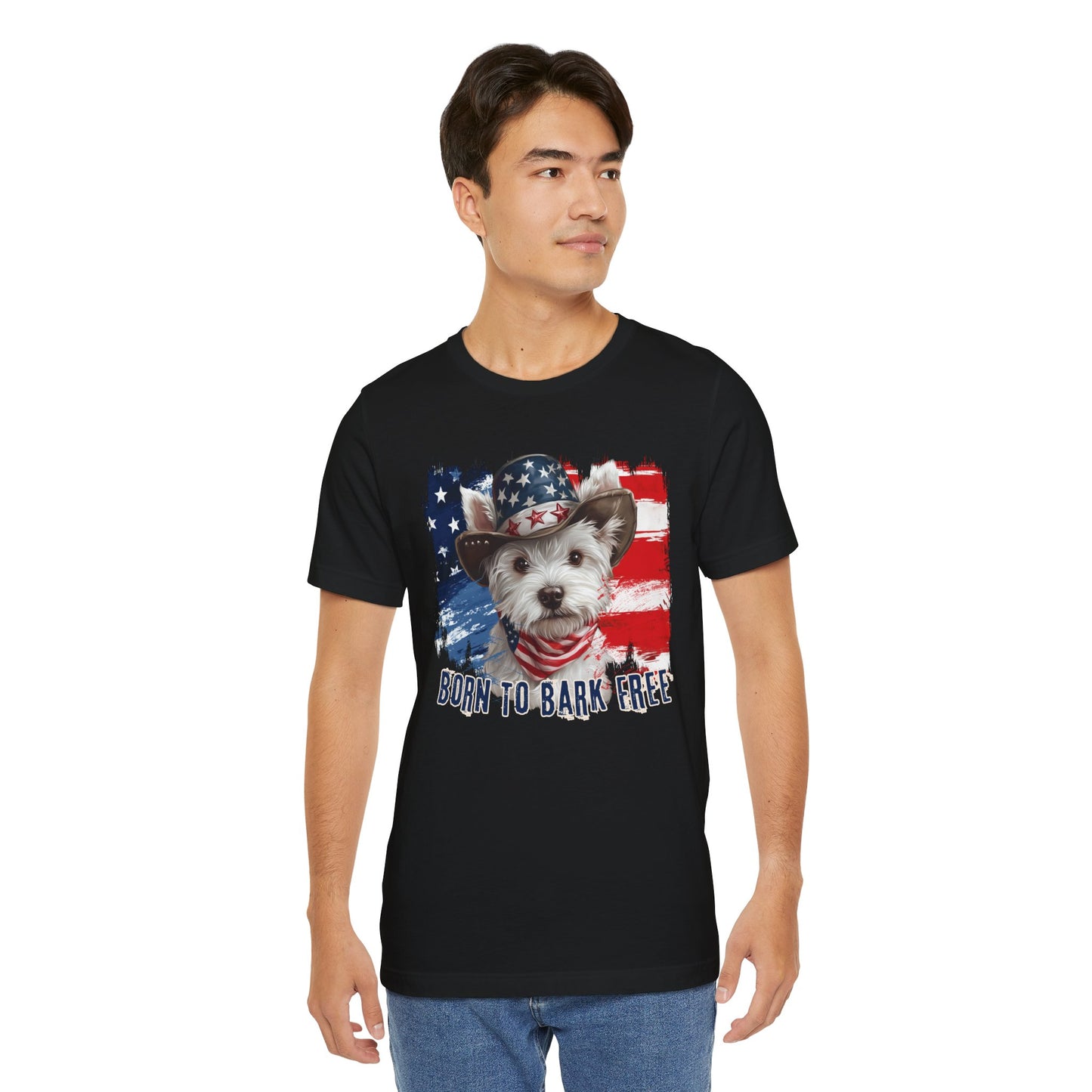 Westie Patriotic T-Shirt "Born to Bark Free" - Dog-Themed Patriotic Design