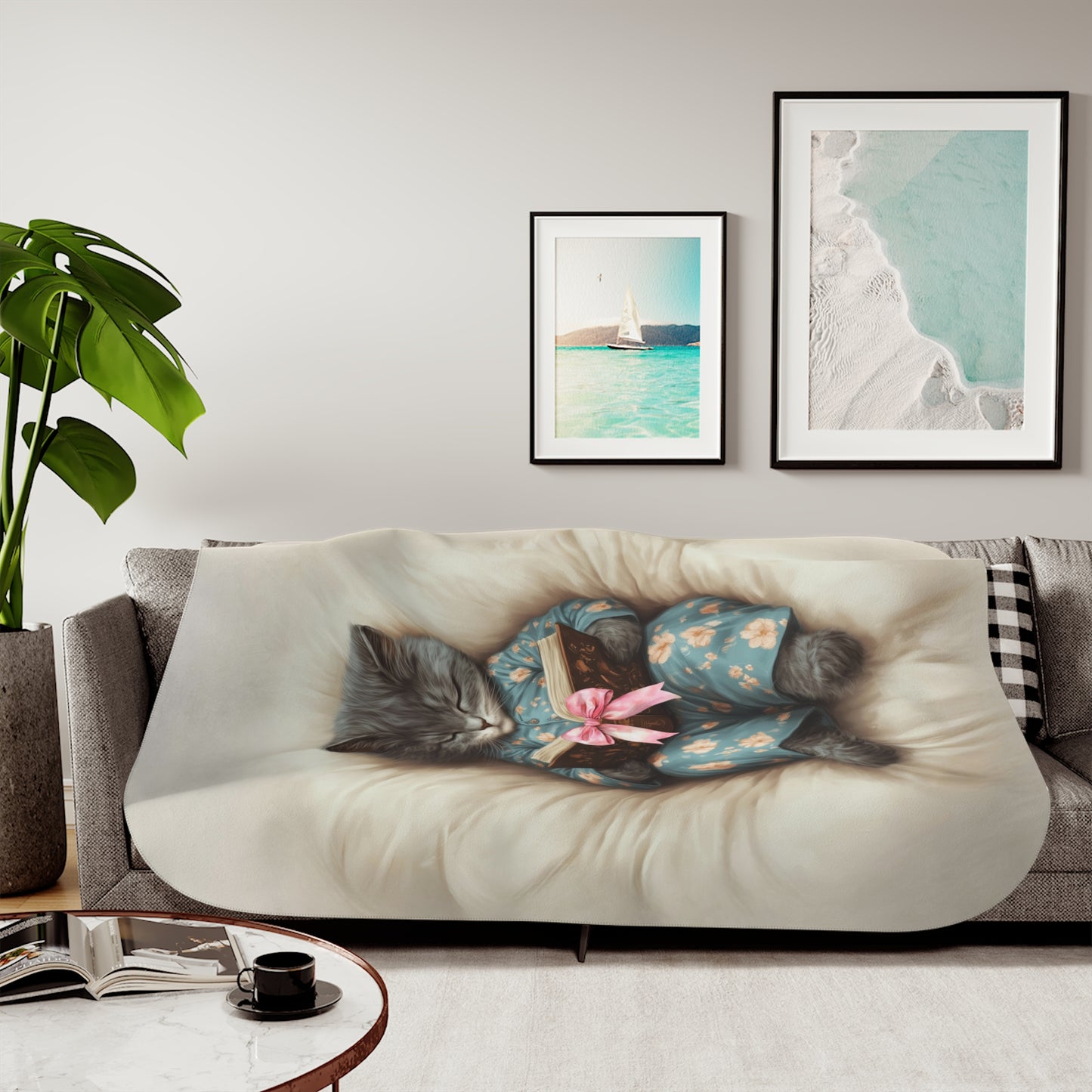Comfort Zone - Personalized Grey Cat Reading Blanket, Vertical Design – Custom Sherpa Throw, Beige