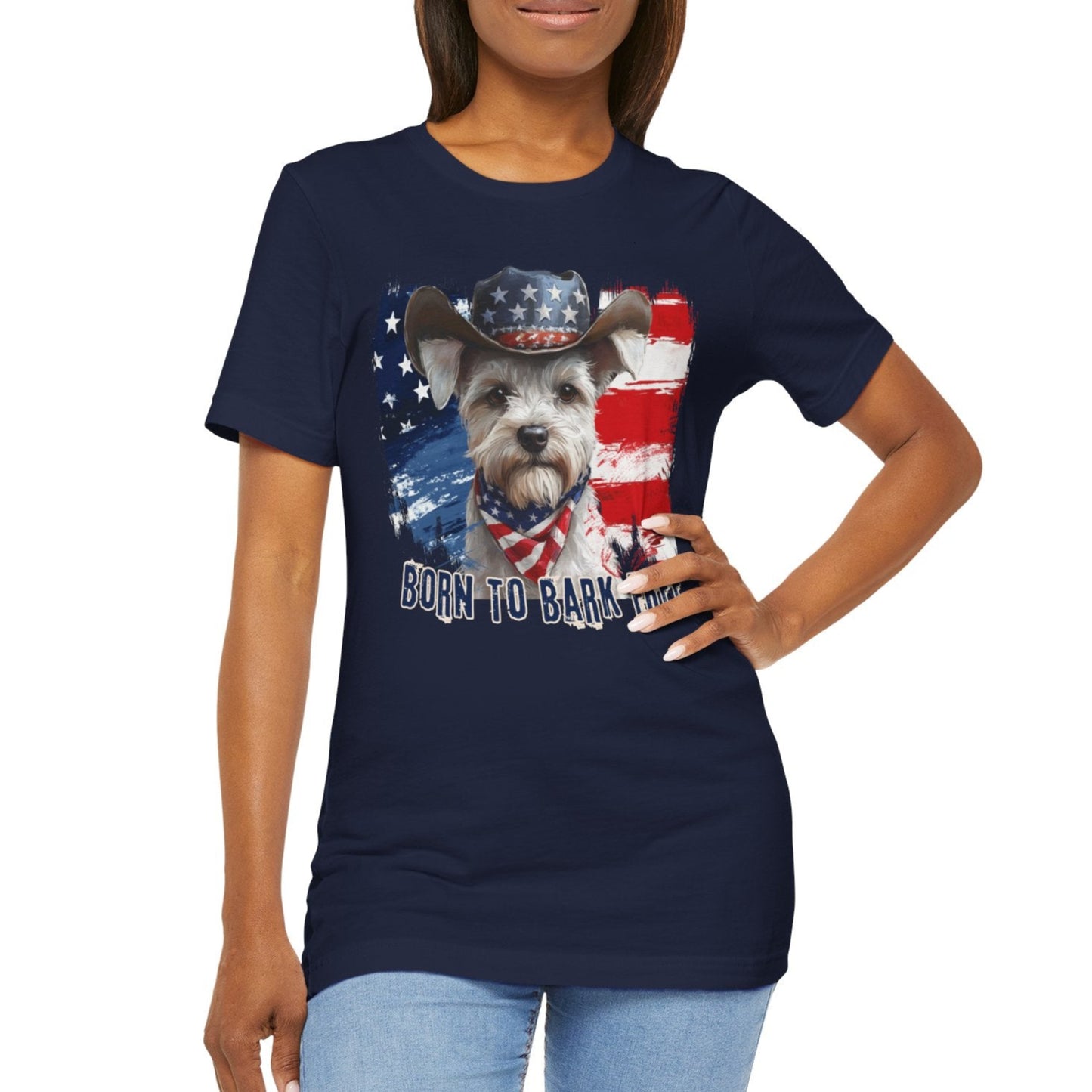 White Schnauzer Patriotic T-Shirt "Born to Bark Free" - Dog-Themed Patriotic Design