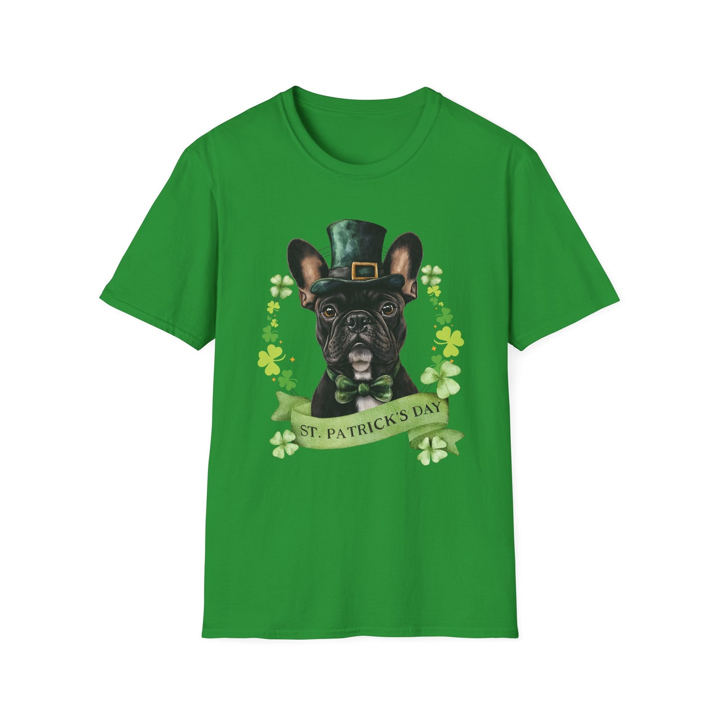 irish green St. Patrick’s Day t-shirt featuring French Bulldog with a shamrock garland and festive Irish design