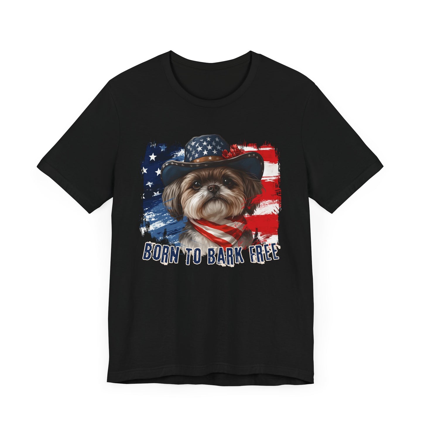 Shih Tzu Patriotic T-Shirt "Born to Bark Free" - Dog-Themed Patriotic Design