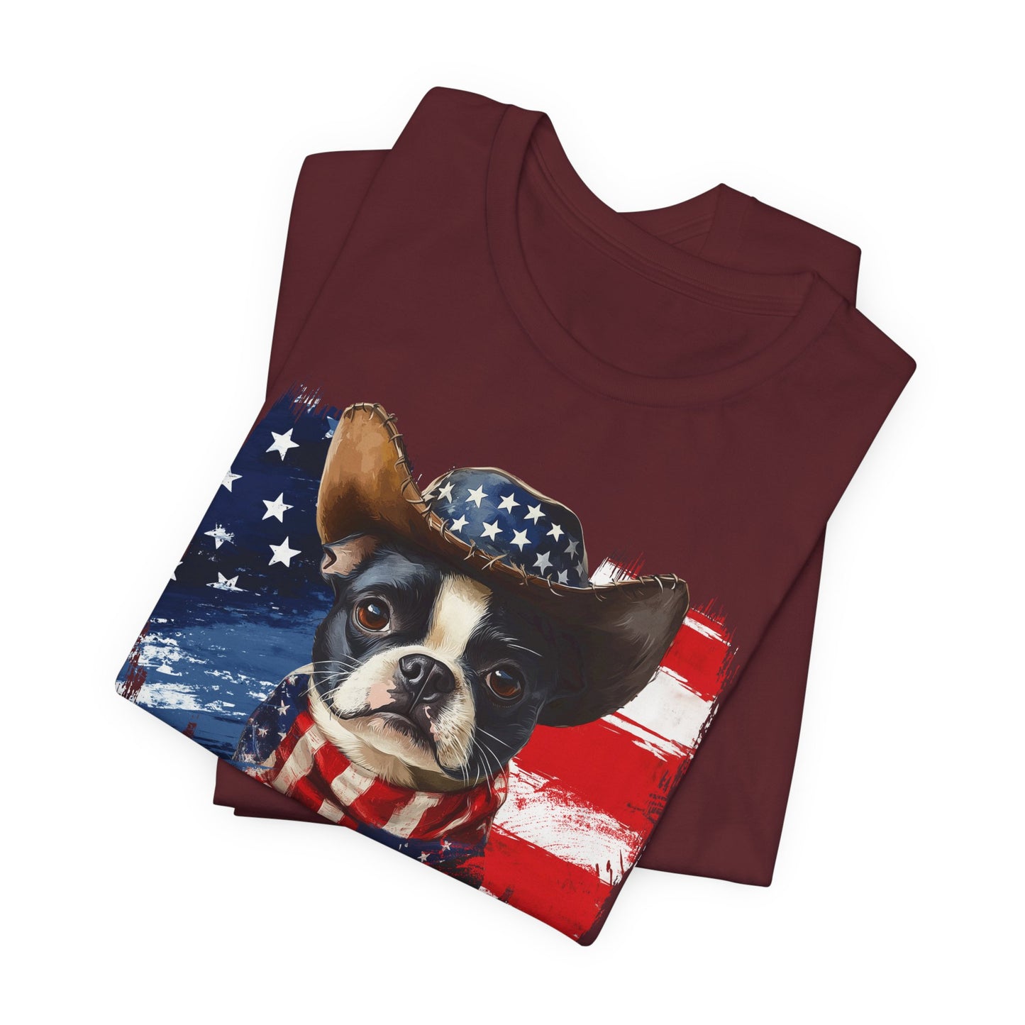Boston Terrier Patriotic T-Shirt "Born to Bark Free" - Dog-Themed Patriotic Design