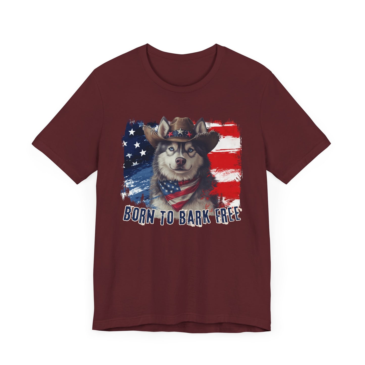 Siberian Husky Patriotic T-Shirt "Born to Bark Free" - Dog-Themed Patriotic Design