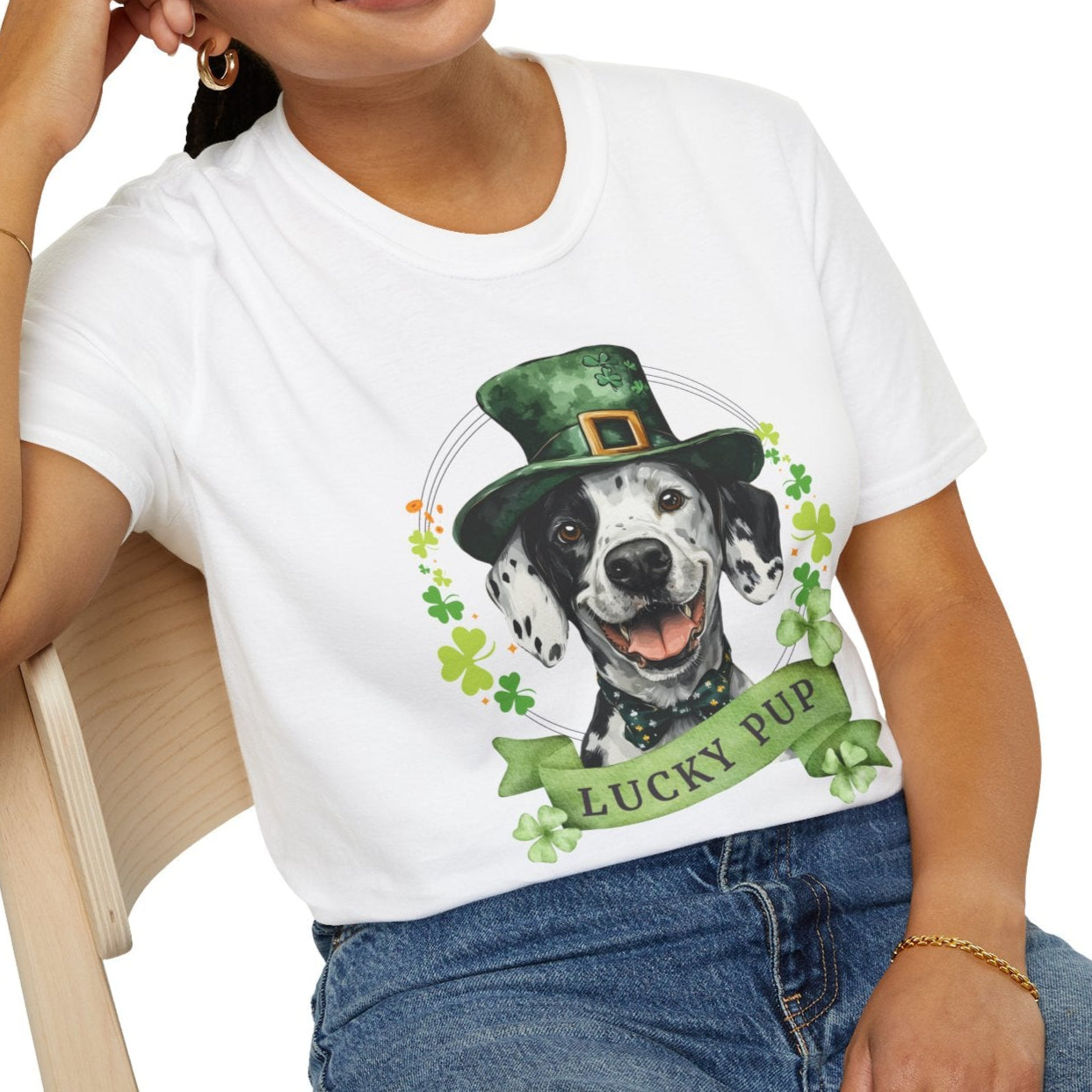 Person wearing a St. Patrick’s Day dog t-shirt with a lucky shamrock print, great for dog lovers, dalmatian dog lover st. patrick's day tee