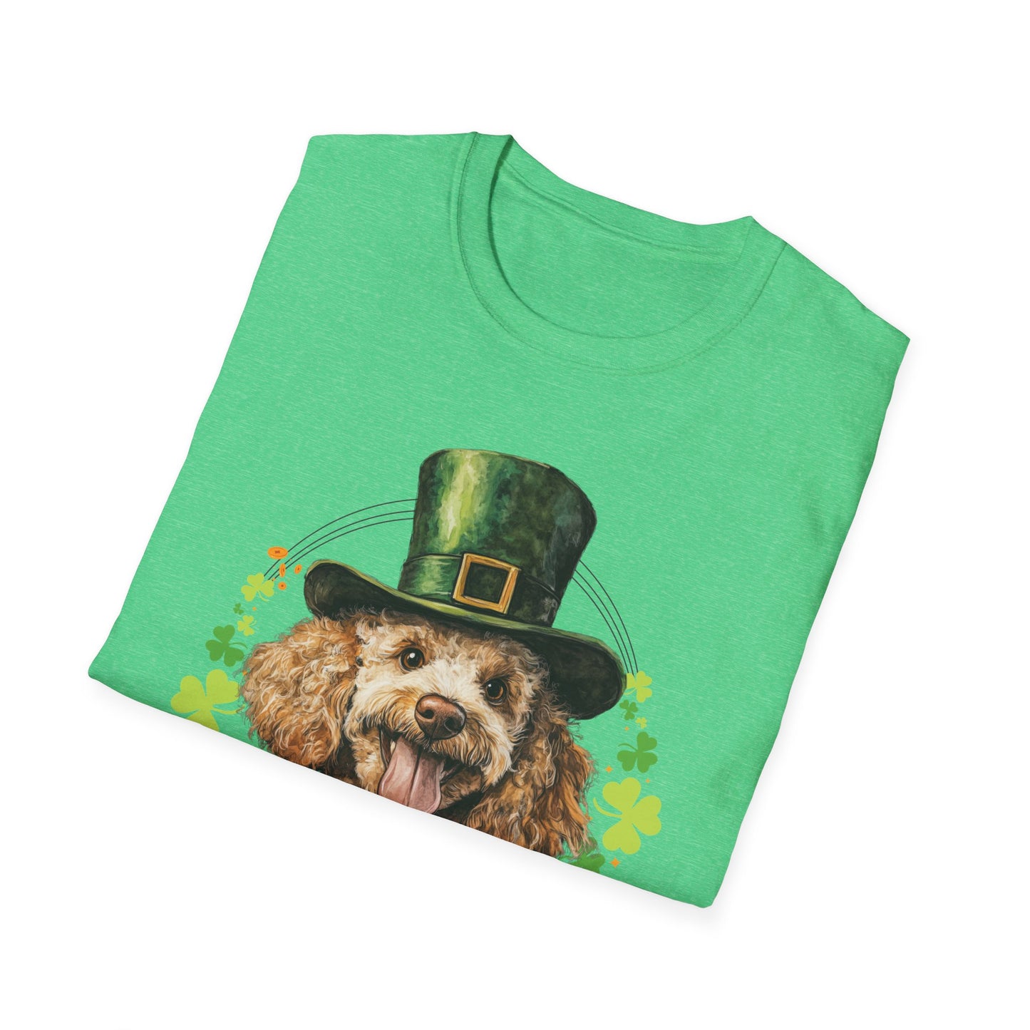 St. Patrick’s Day kelly green heather t-shirt featuring a Poodle dog with a shamrock garland and festive Irish design