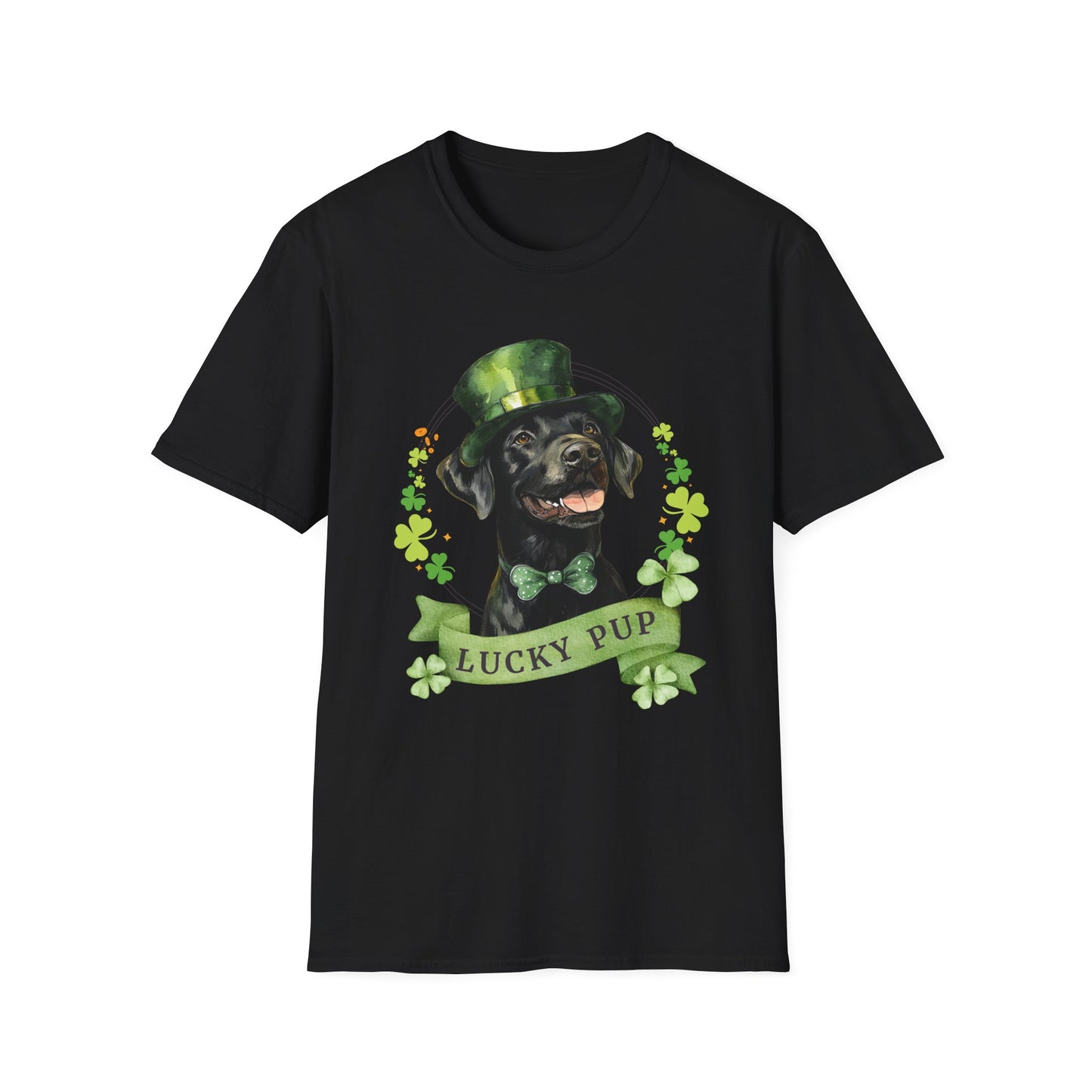 St. Patrick’s Day t-shirt featuring a Black Labrador Retriever dog with a shamrock garland and festive Irish design
