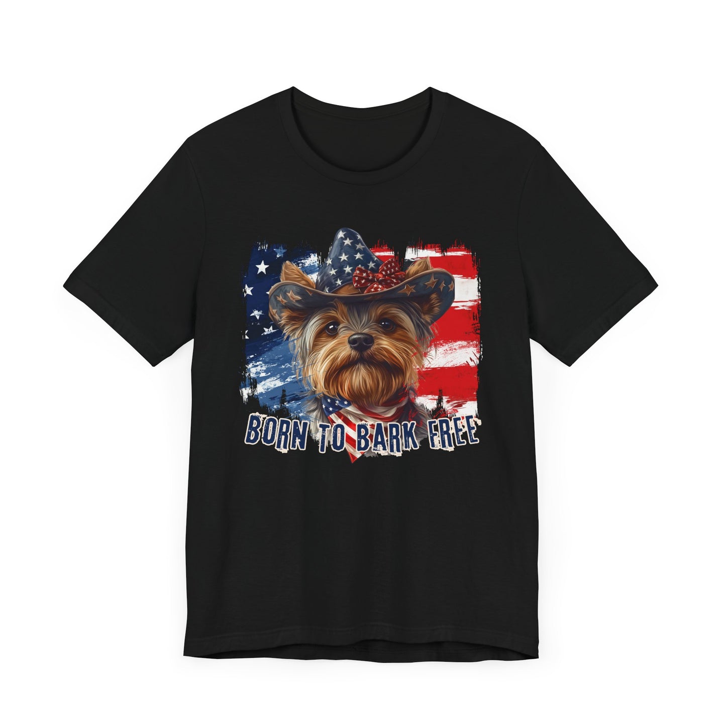 Yorkie Patriotic T-Shirt "Born to Bark Free" - Dog-Themed Patriotic Design