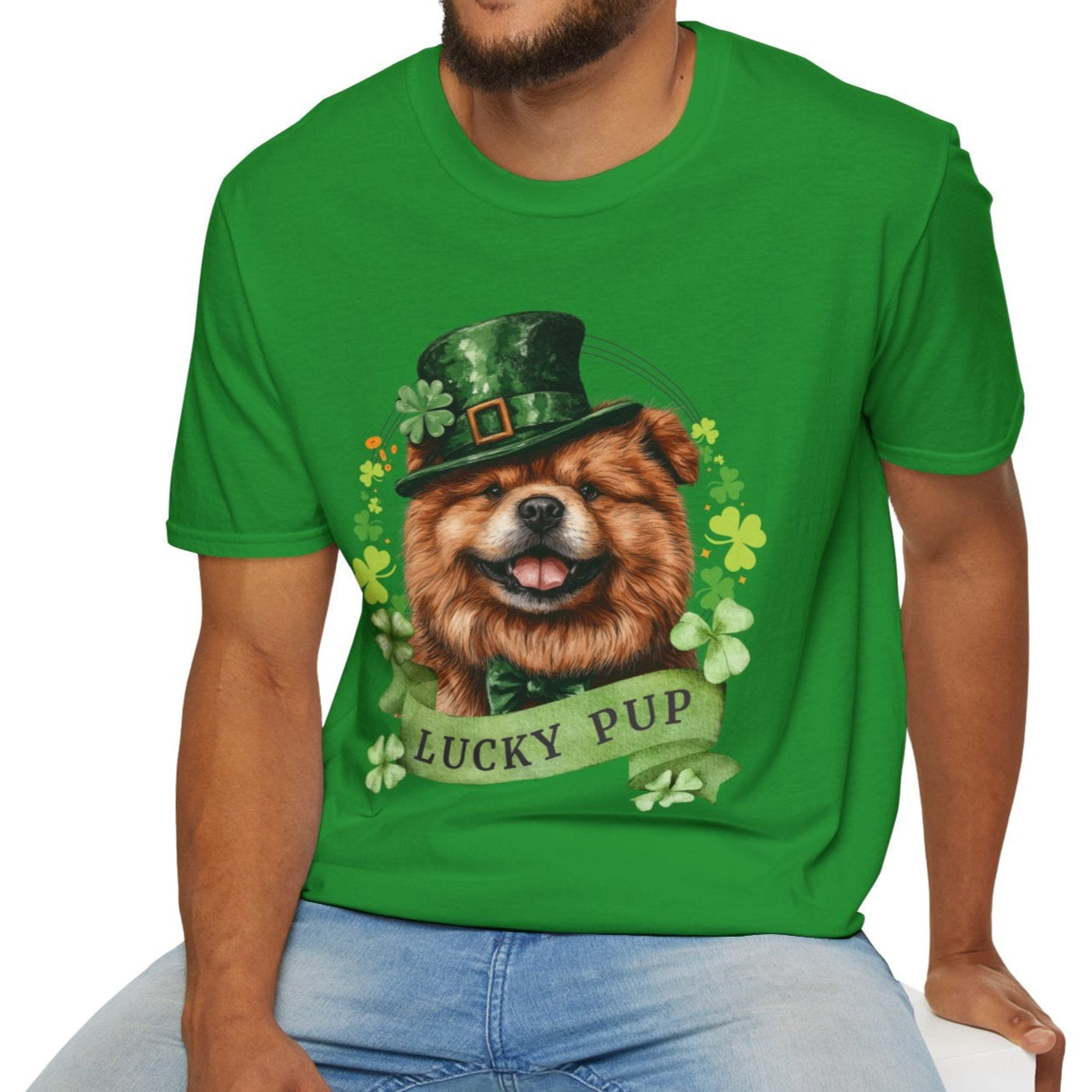 A man in a St. Patrick’s Day irish green t-shirt gift for dog lovers featuring a Chow Chow dog with a shamrock garland and festive Irish design
