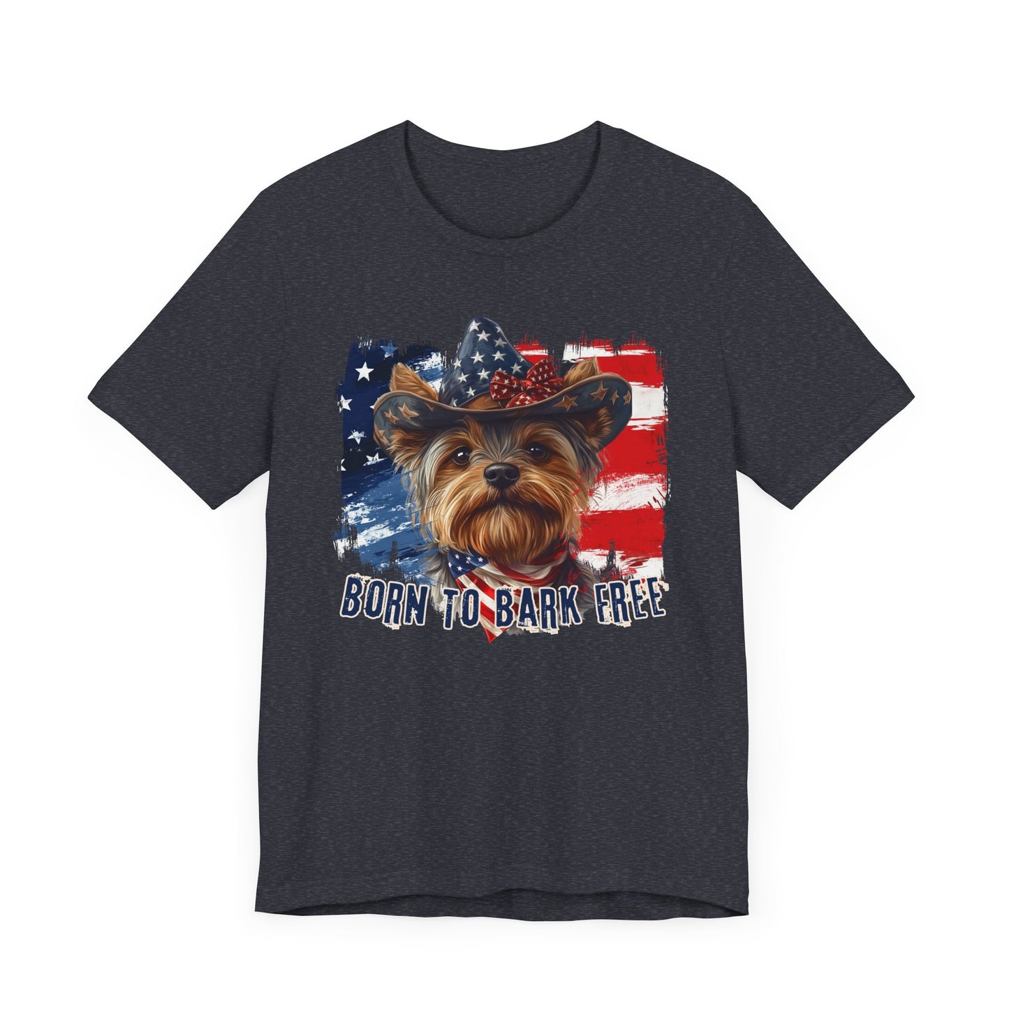 Yorkie Patriotic T-Shirt "Born to Bark Free" - Dog-Themed Patriotic Design