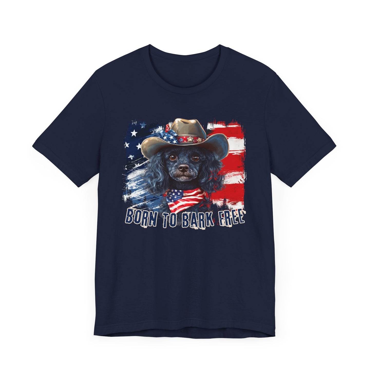 Black Poodle Patriotic T-Shirt "Born to Bark Free" - Dog-Themed Patriotic Design