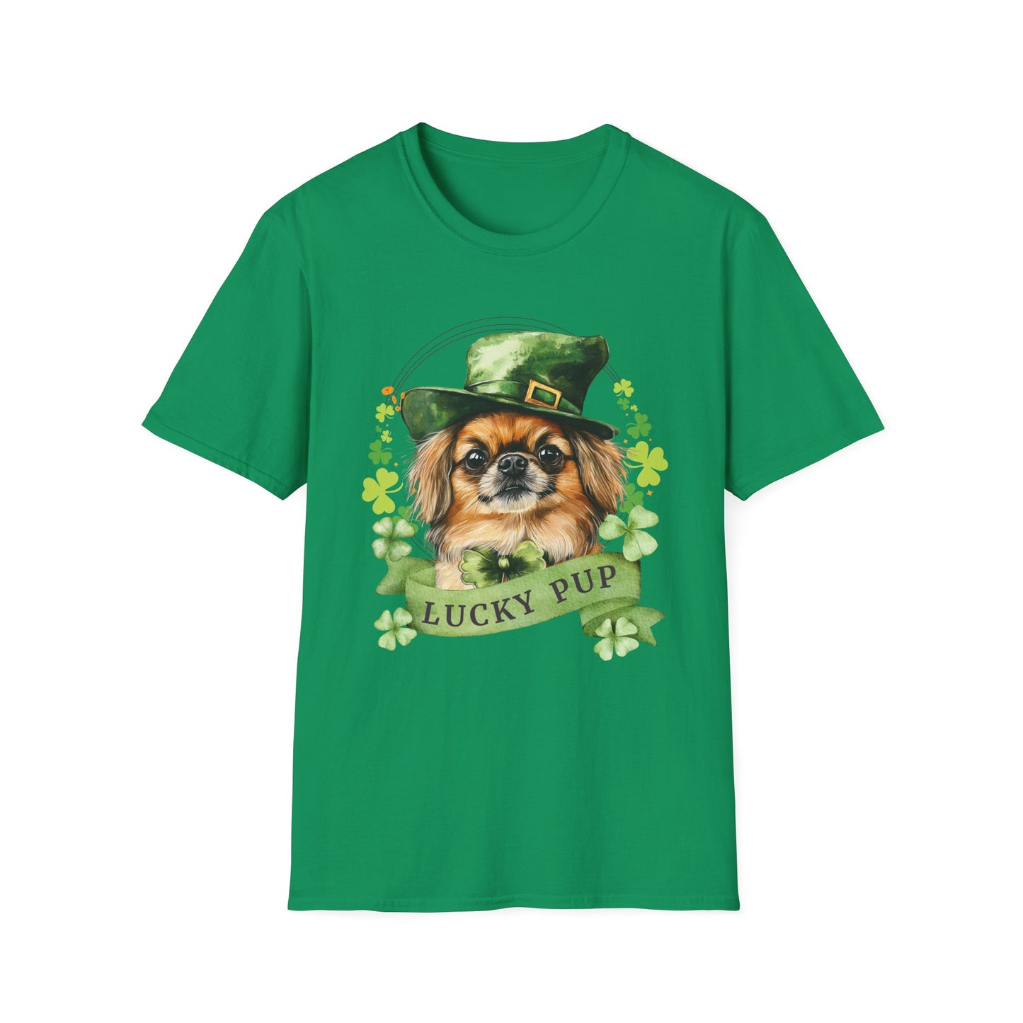 St. Patrick’s Day kelly green t-shirt gift for dog lovers featuring a Pekingese dog with a shamrock garland and festive Irish design