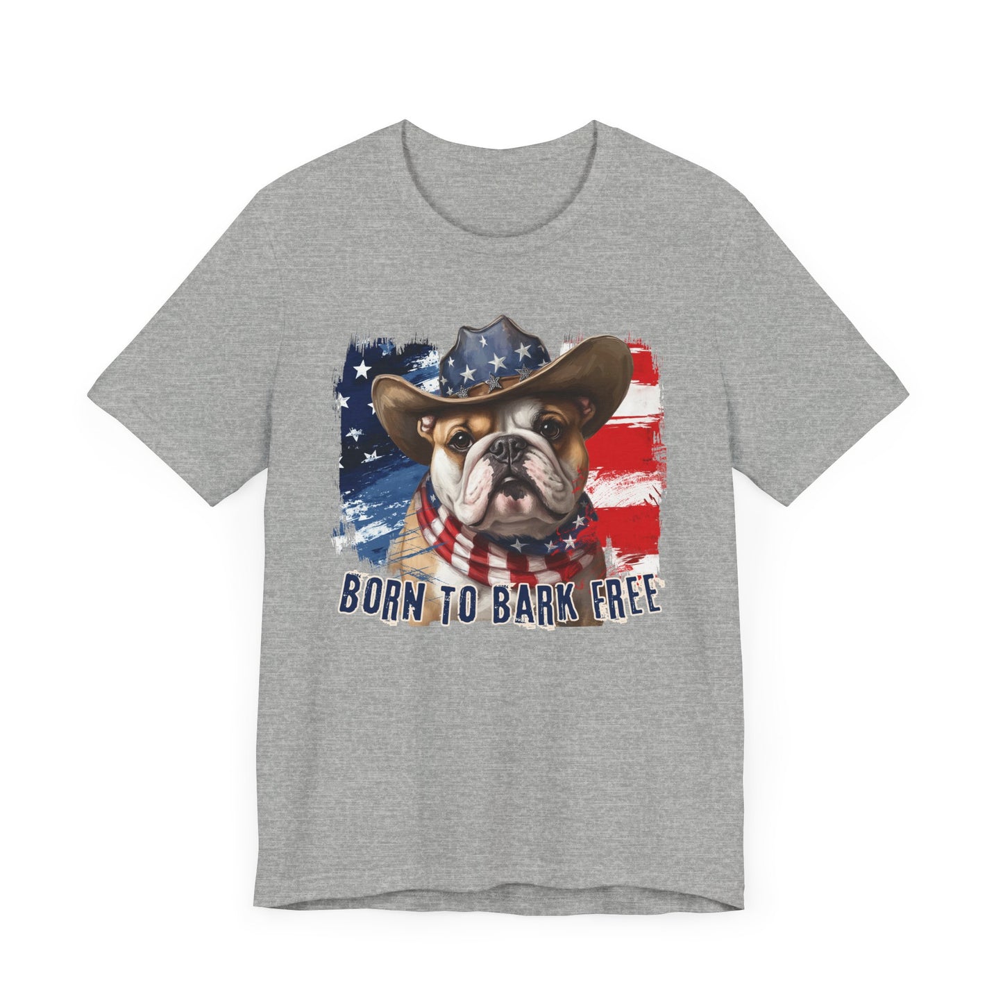 English Bulldog Patriotic T-Shirt "Born to Bark Free" - Dog-Themed Patriotic Design