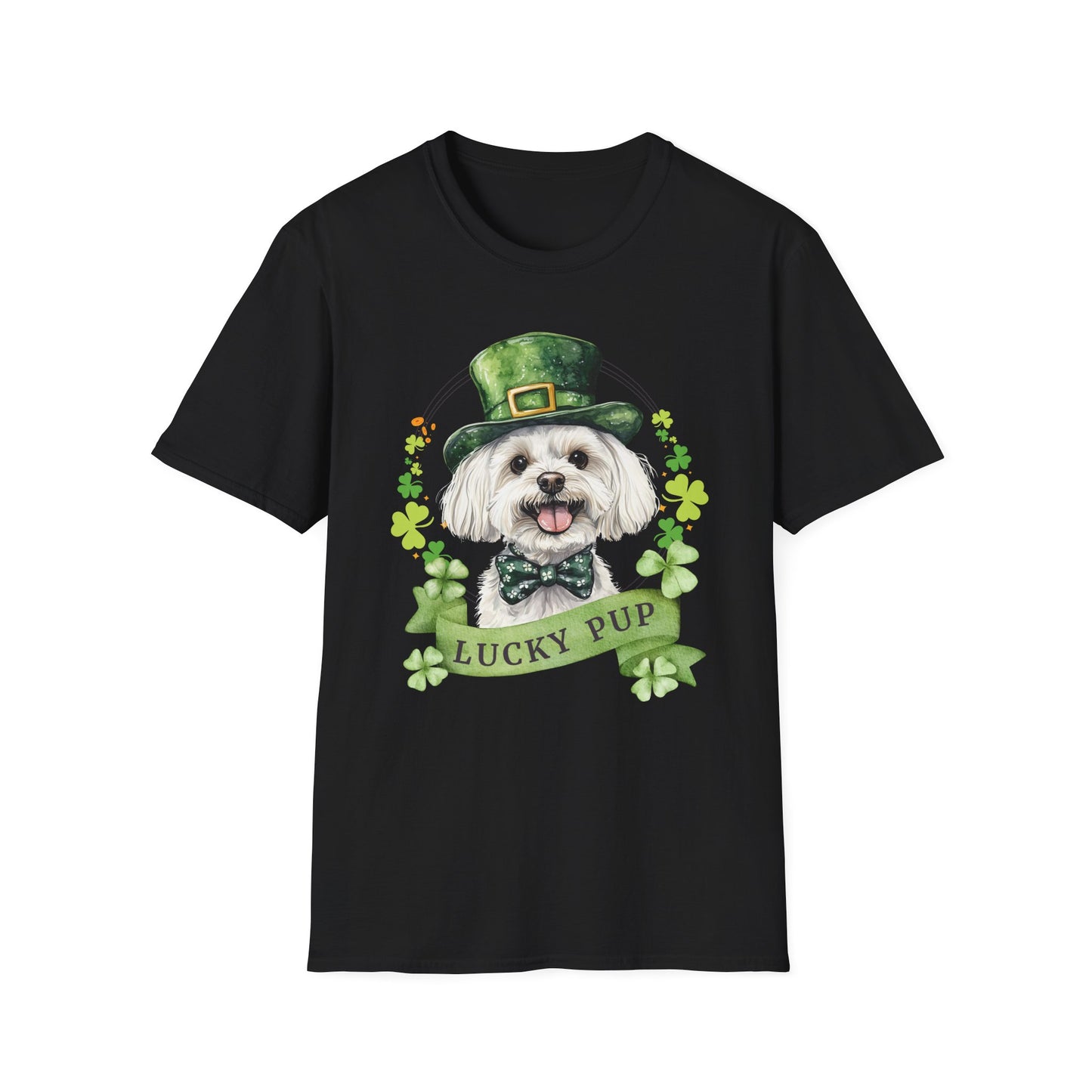 St. Patrick’s Day maltese dog black t-shirt with a lucky shamrock print, great for dog lovers