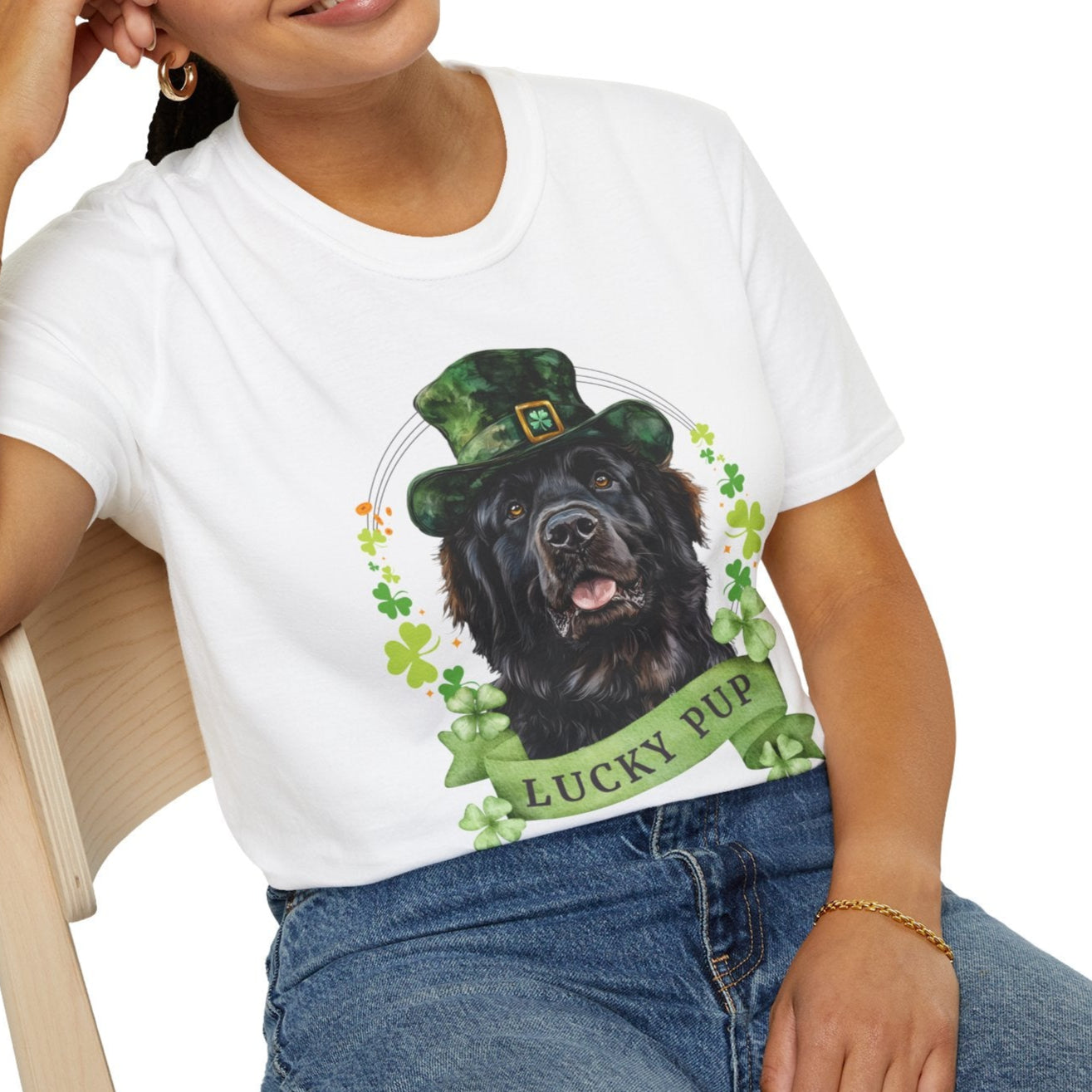 A person wearing St. Patrick’s Day newfoundland dog t-shirt with a lucky shamrock print, great for dog lovers