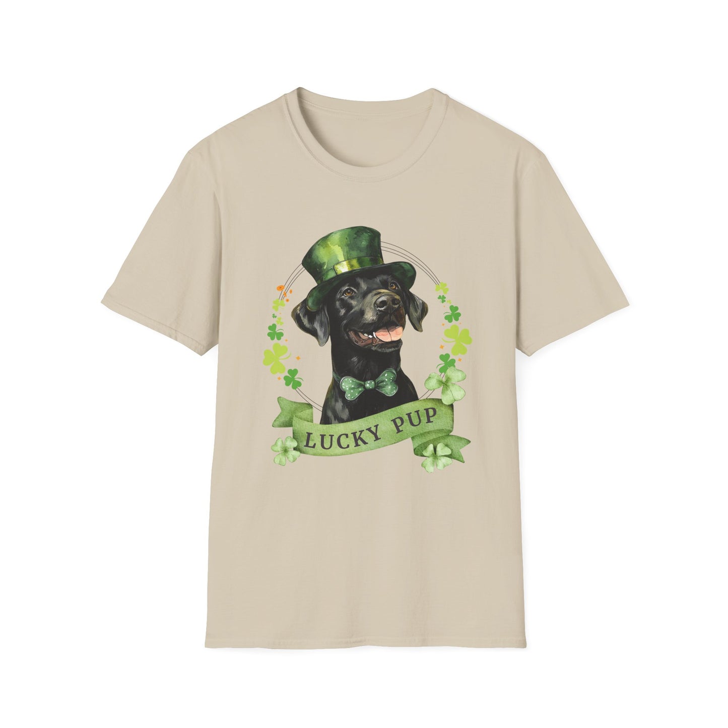 St. Patrick’s Day t-shirt featuring a Black Labrador Retriever dog with a shamrock garland and festive Irish design