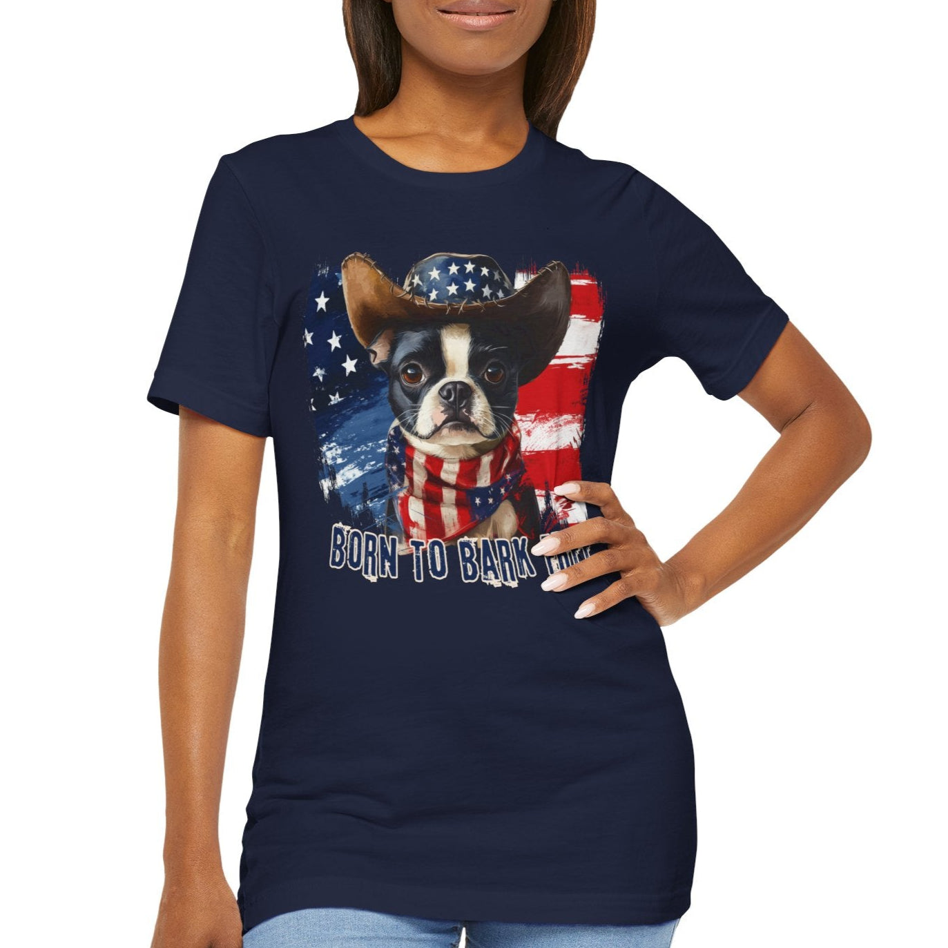 Boston Terrier Patriotic T-Shirt "Born to Bark Free" - Dog-Themed Patriotic Design