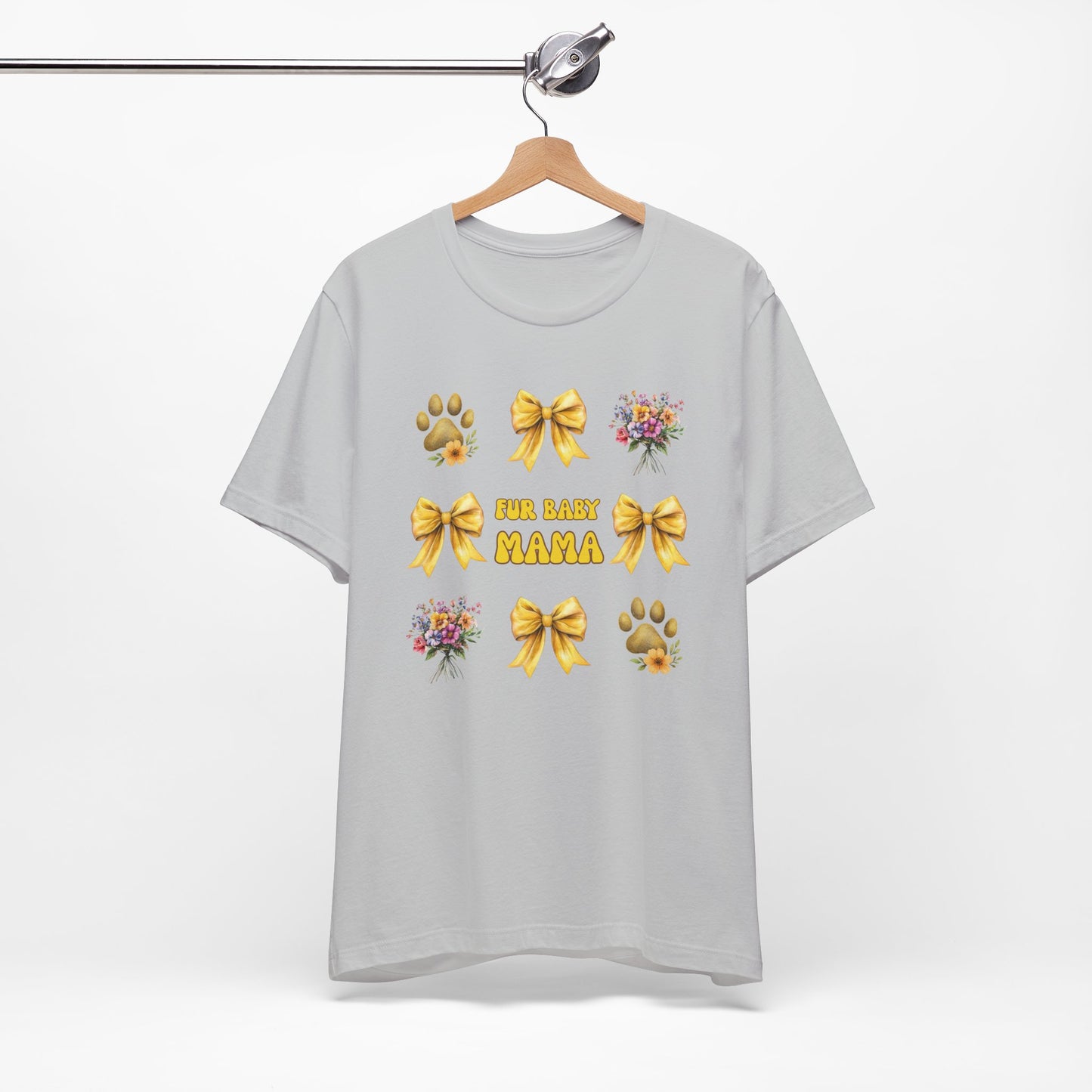 Fur Baby Mama T-Shirt – Soft Cotton Tee with Yellow Bows – Gift for Pet Moms