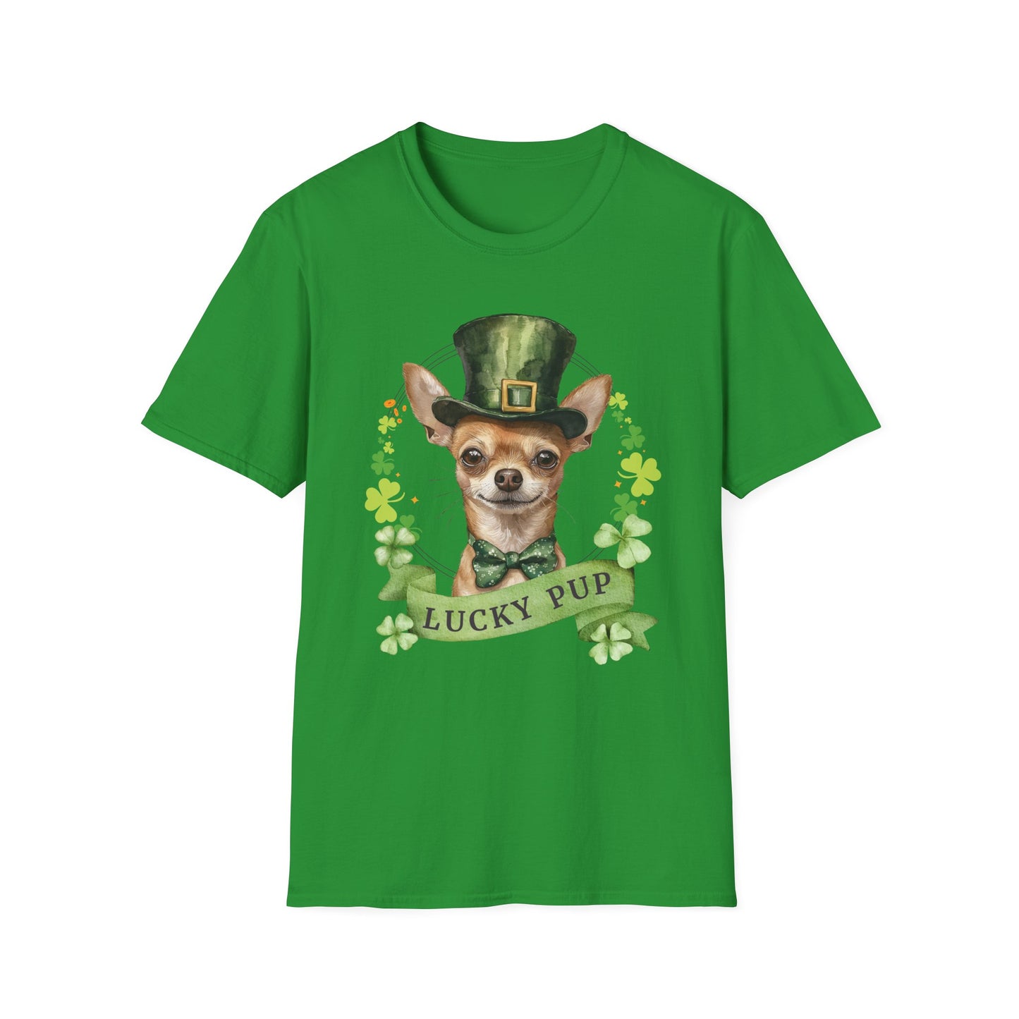 St. Patrick’s Day irish green t-shirt featuring a Chihuahua dog with a shamrock garland and festive Irish design