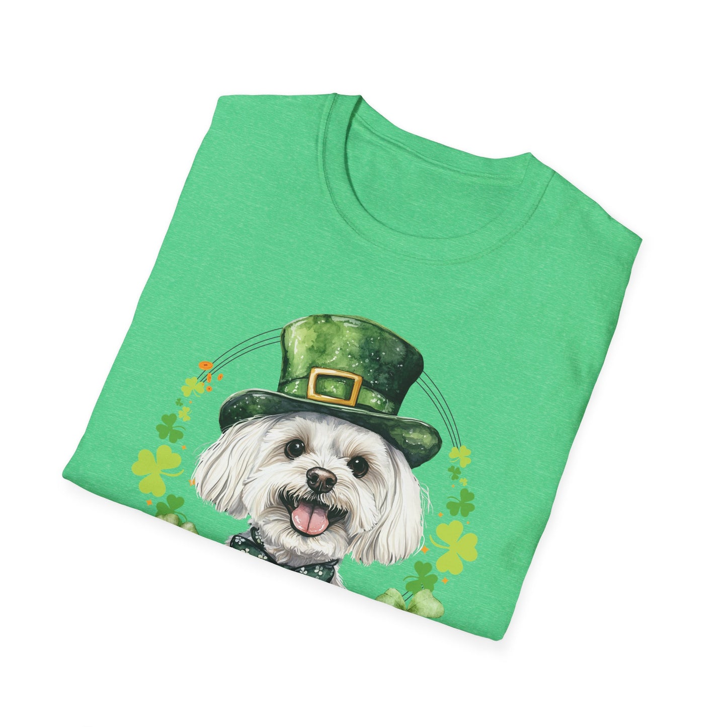 St. Patrick’s Day maltese dog t-shirt with a lucky shamrock print, great for dog lovers