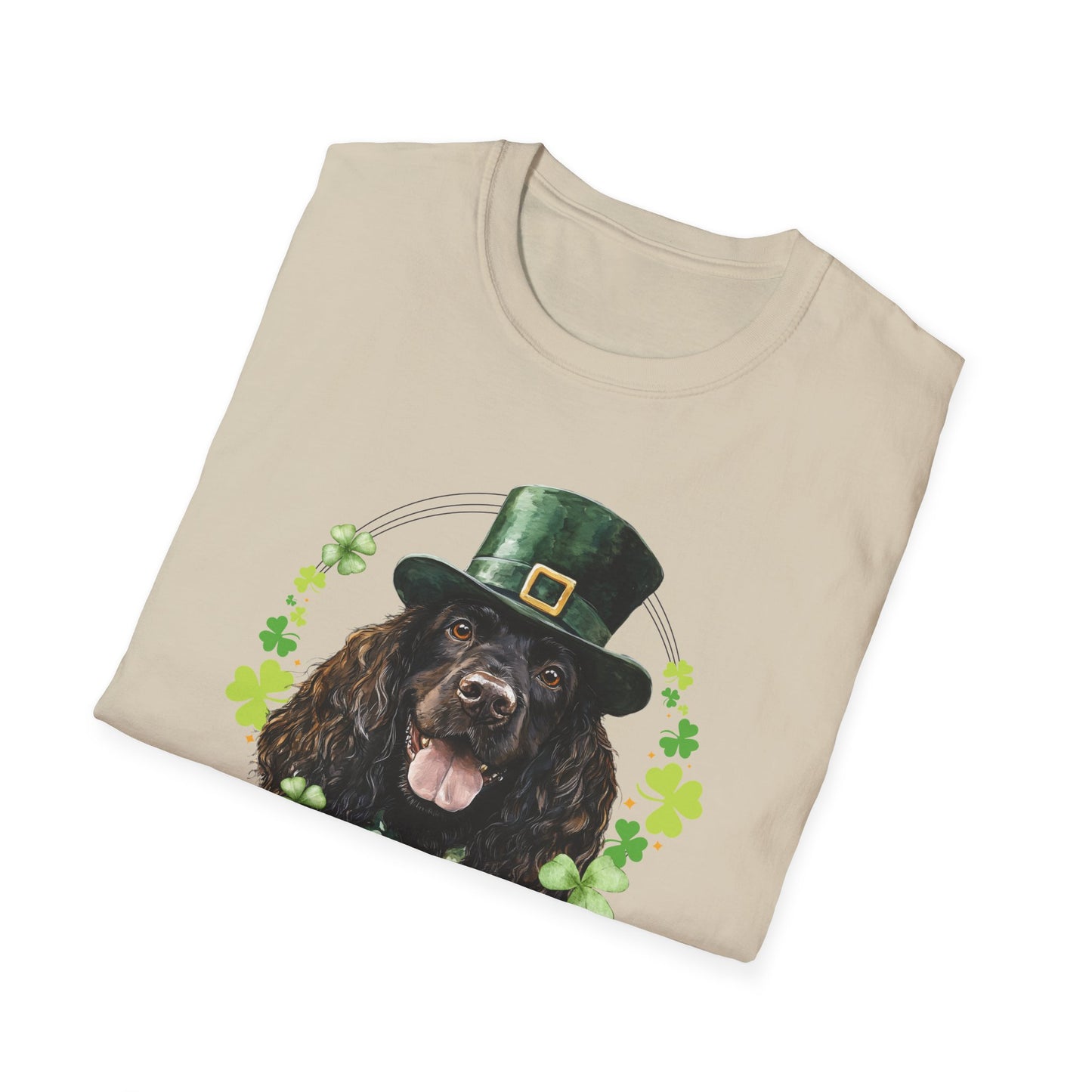 St. Patrick’s Day t-shirt featuring an Irish Water Spaniel with a shamrock garland and festive Irish design