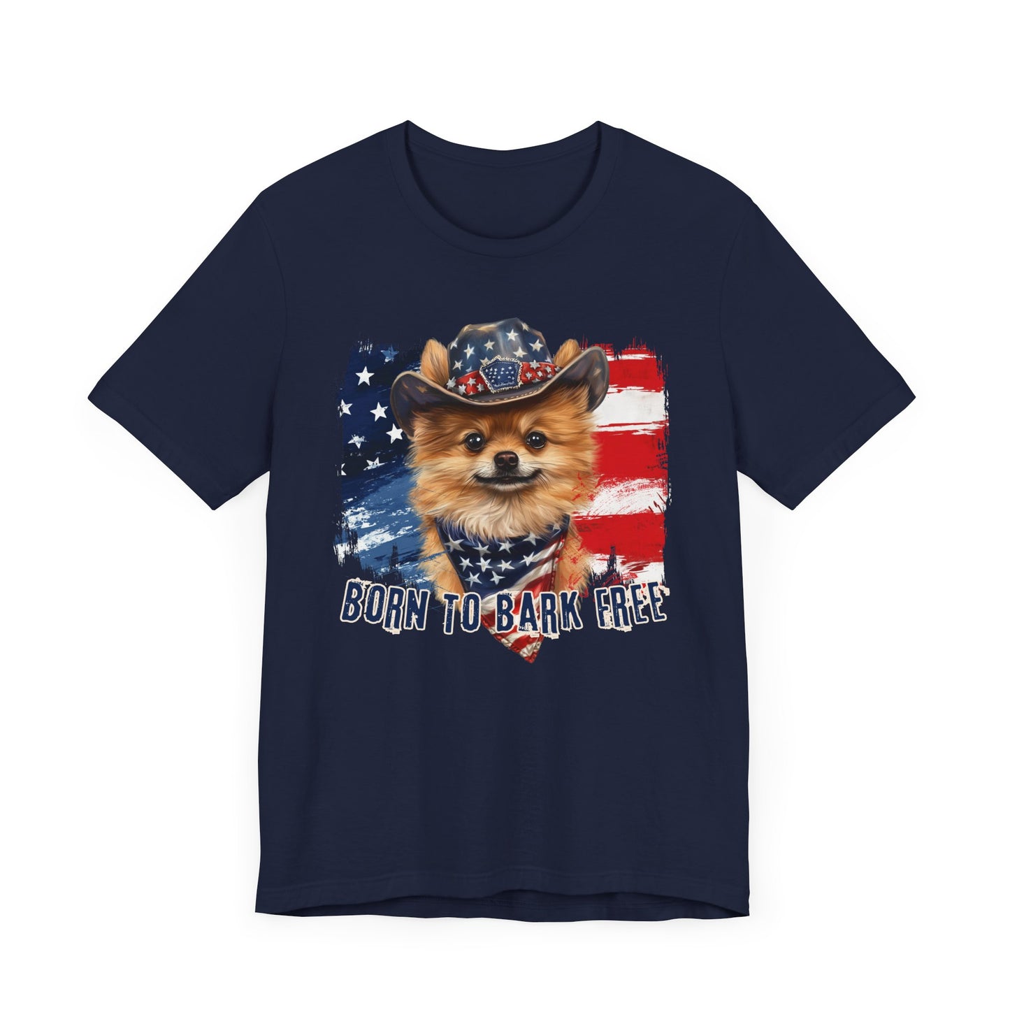 Pomeranian Patriotic T-Shirt "Born to Bark Free" - Dog-Themed Patriotic Design