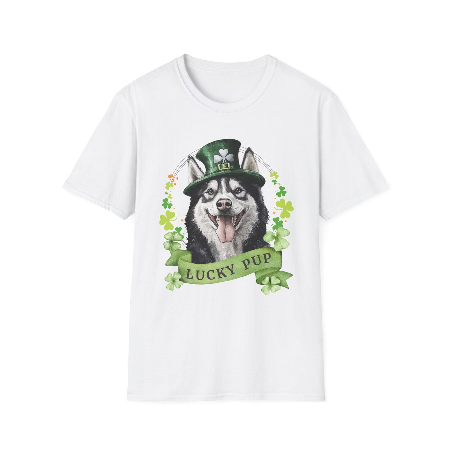 St. Patrick’s Day t-shirt gift for dog lovers featuring Siberian Husky dog with a shamrock garland and festive Irish design, white