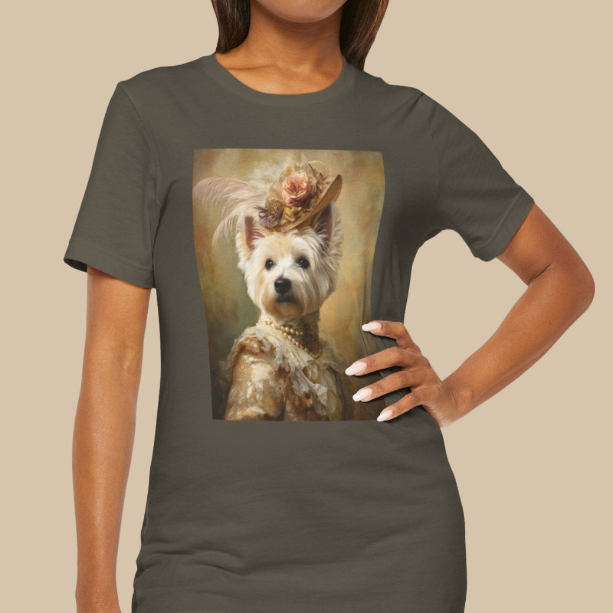 Woman wearing a t-shirt with a dog's portrait on a white background