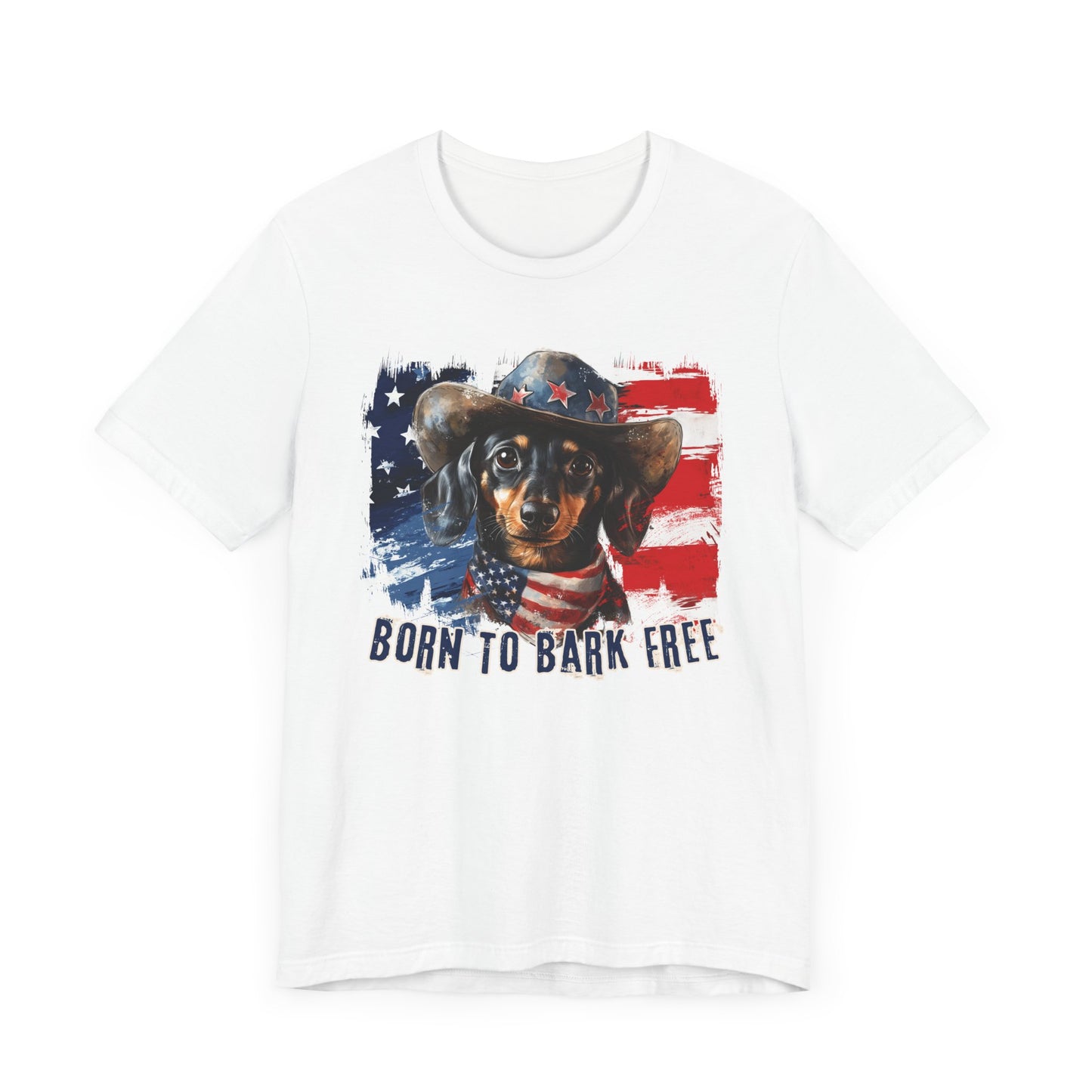 Dachshund Patriotic T-Shirt "Born to Bark Free" - Dog-Themed Patriotic Design