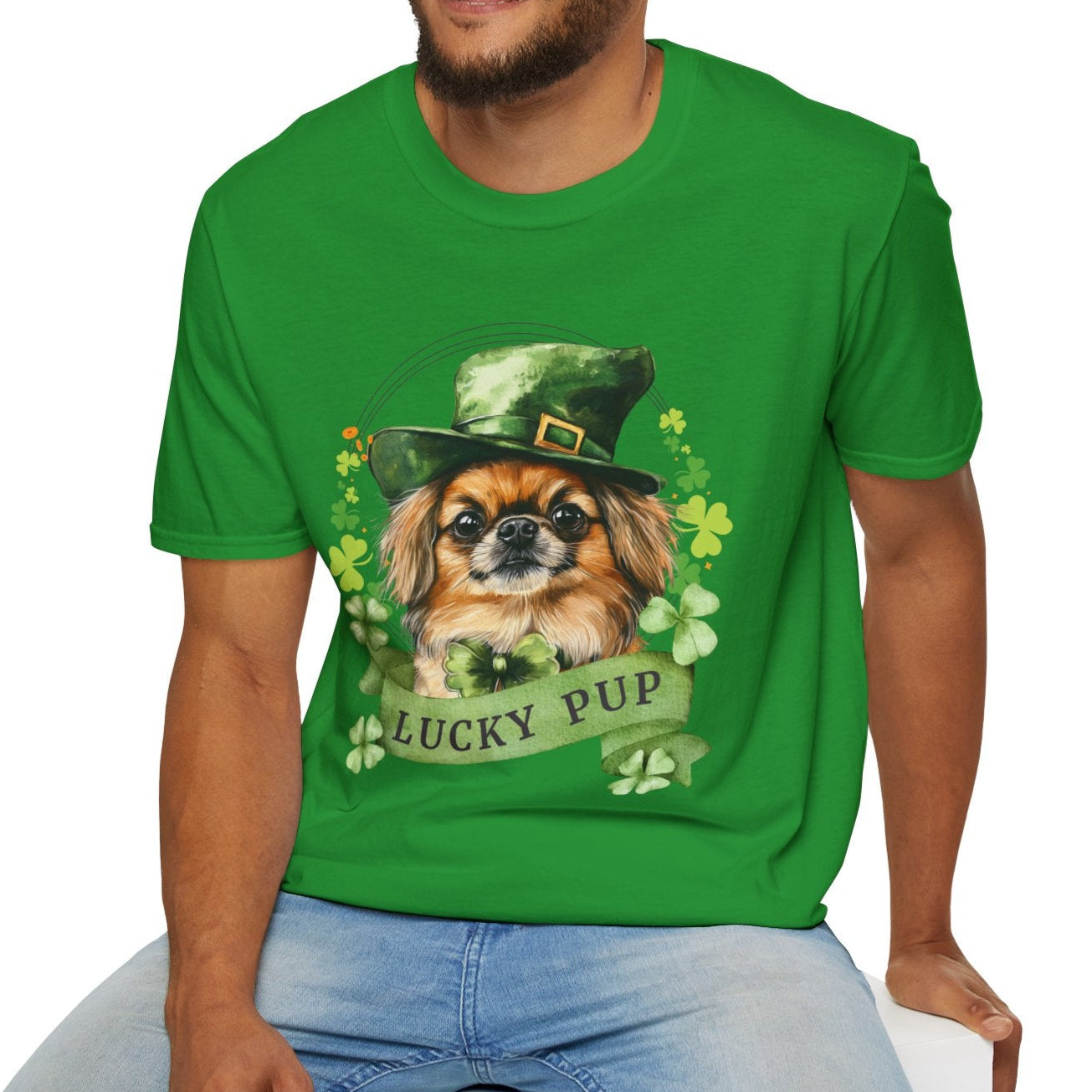 A man in a St. Patrick’s Day irish green t-shirt gift for dog lovers featuring a Pekingese dog with a shamrock garland and festive Irish design