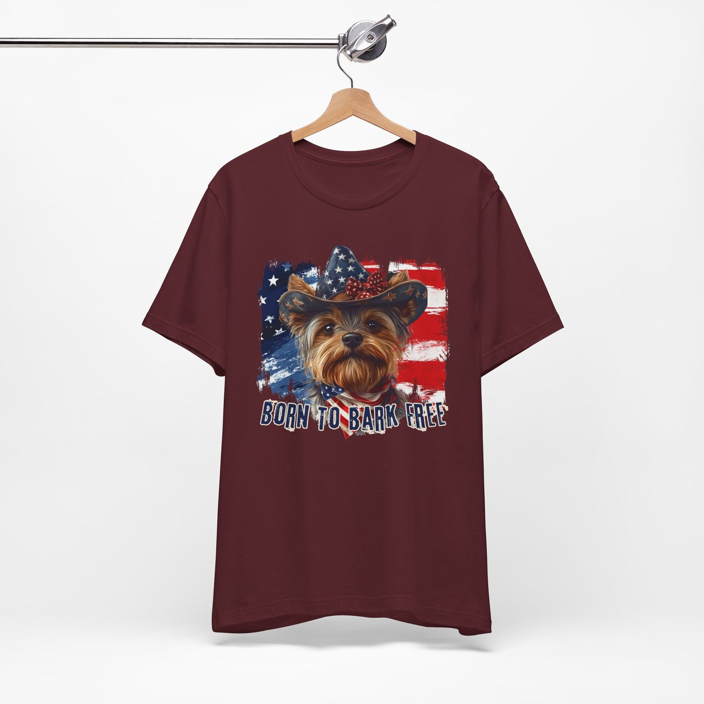 Yorkie Patriotic T-Shirt "Born to Bark Free" - Dog-Themed Patriotic Design