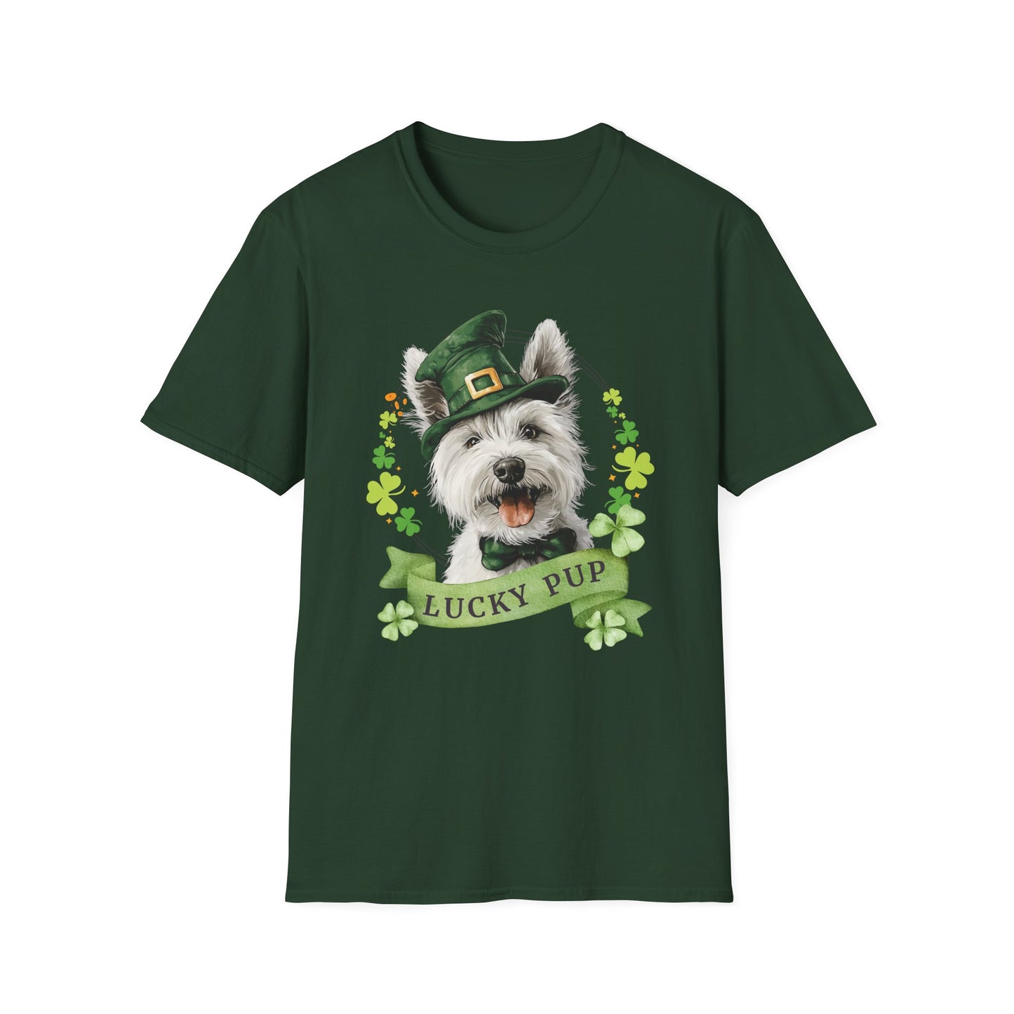 St. Patrick’s Day t-shirt featuring westie dog with a shamrock garland and festive Irish design