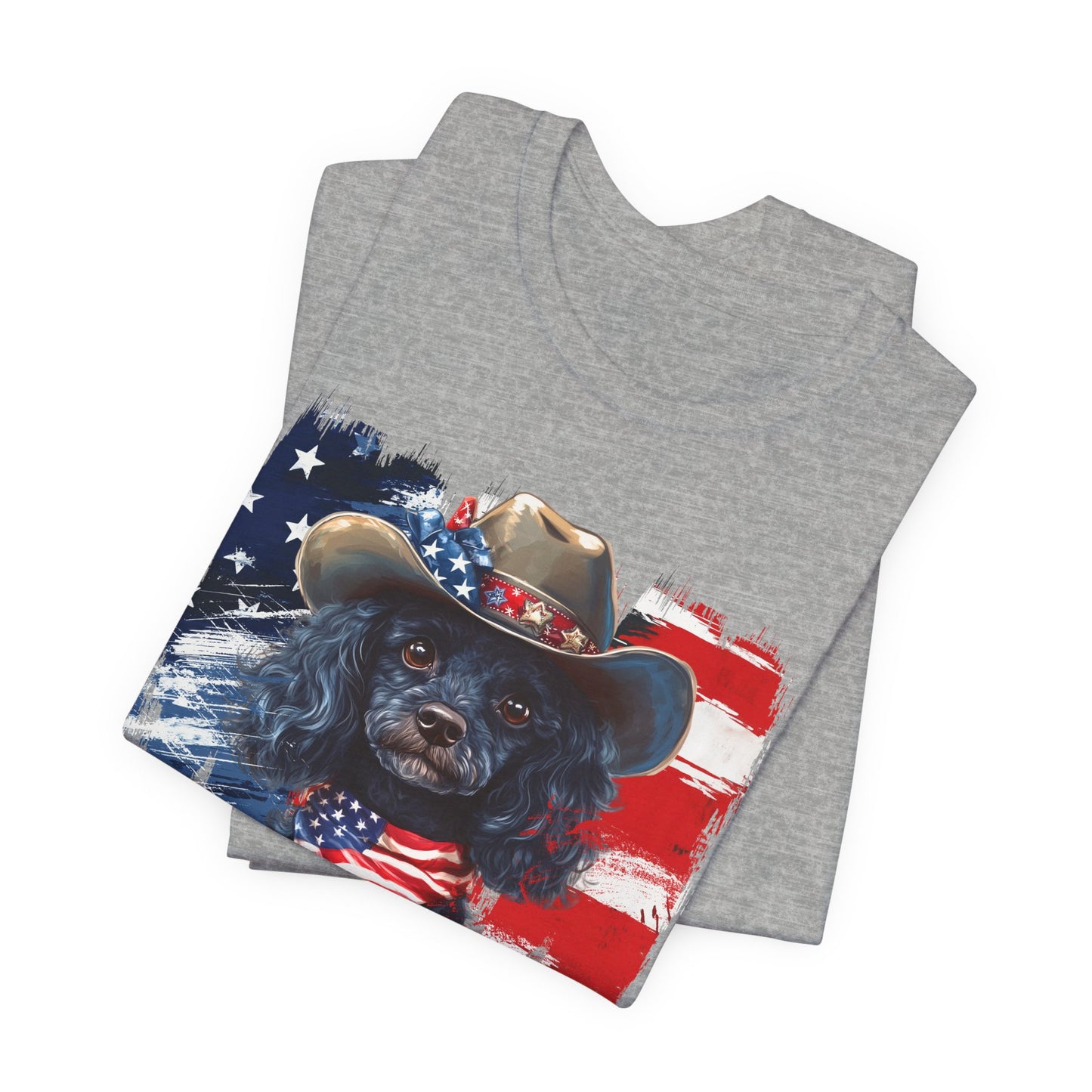 Black Poodle Patriotic T-Shirt "Born to Bark Free" - Dog-Themed Patriotic Design