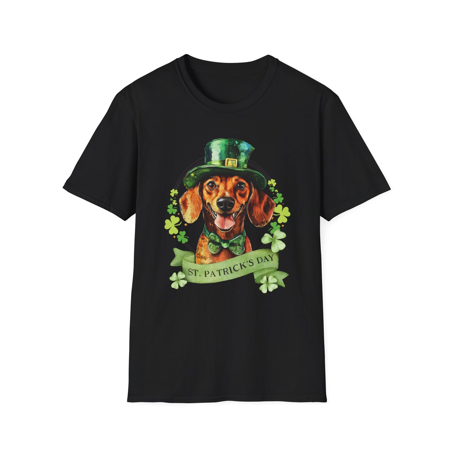St. Patrick’s Day t-shirt featuring a Dachshund dog with a shamrock garland and festive Irish design