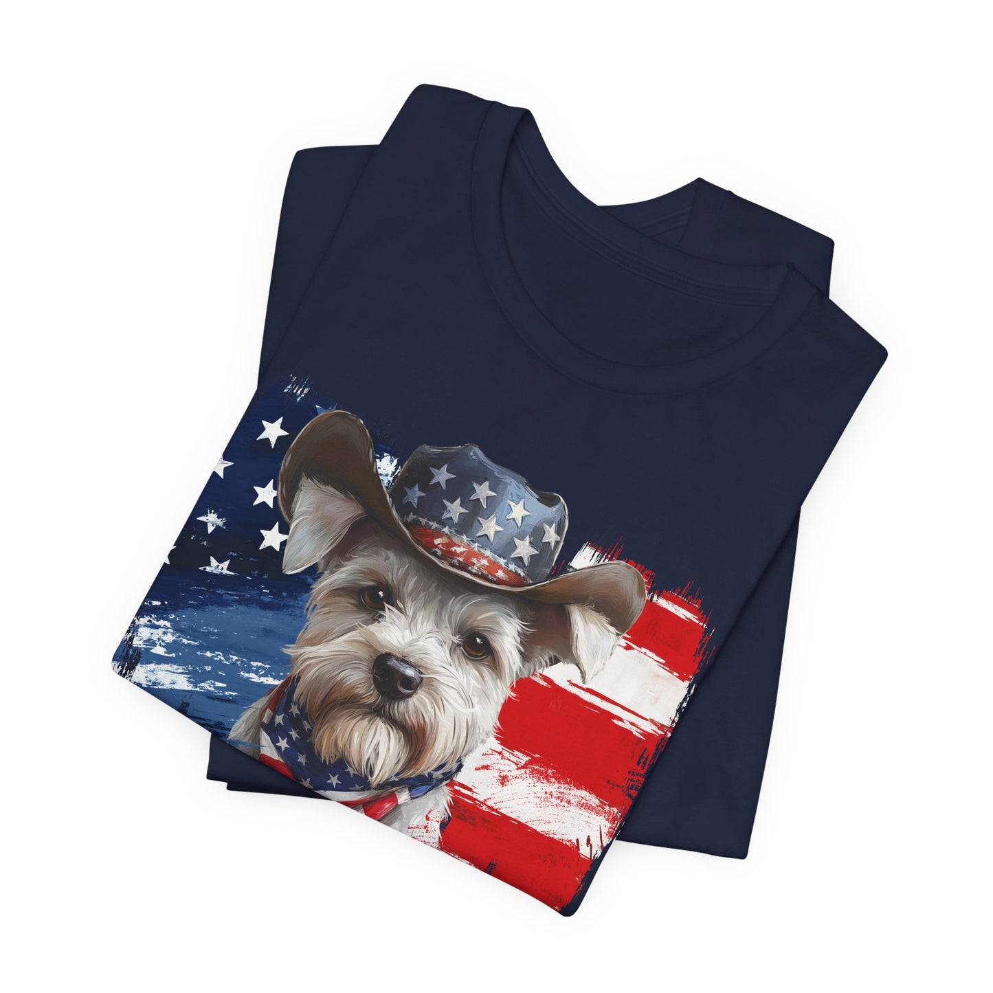 White Schnauzer Patriotic T-Shirt "Born to Bark Free" - Dog-Themed Patriotic Design