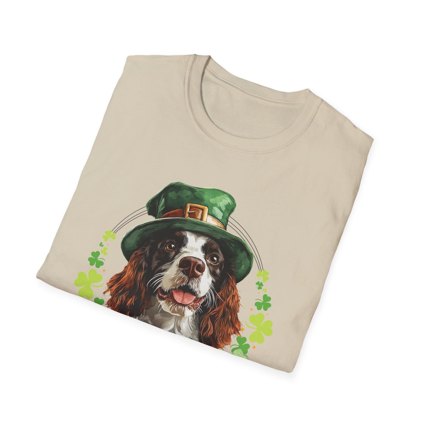 St. Patrick’s Day t-shirt featuring an English springer spaniel dog with a shamrock garland and festive Irish design
