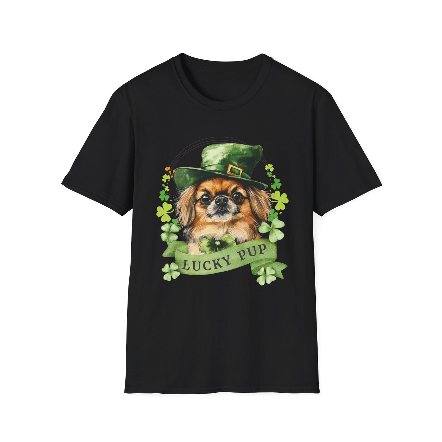 St. Patrick’s Day black t-shirt gift for dog lovers featuring a Pekingese dog with a shamrock garland and festive Irish design