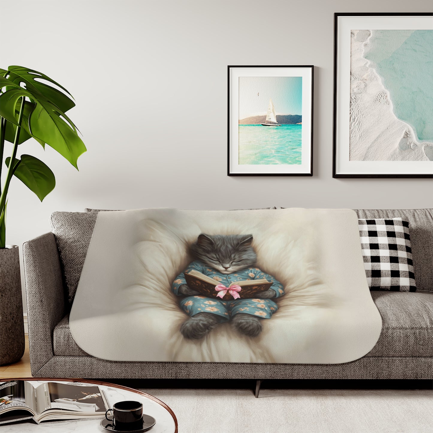 Comfort Zone - Cozy Cat Reading Blanket – Custom Sherpa Throw, Beige - Horizontal