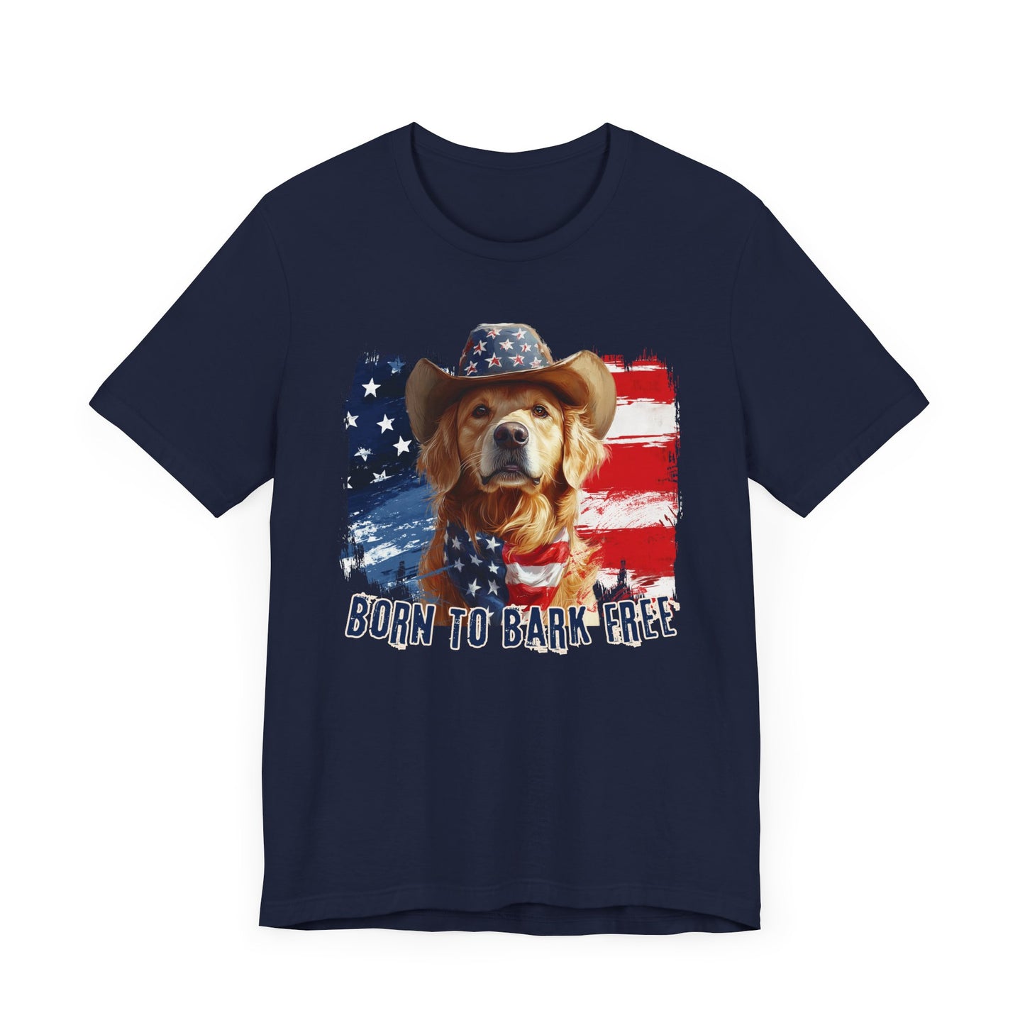 Golden Retriever Patriotic T-Shirt "Born to Bark Free" - Dog-Themed Patriotic Design