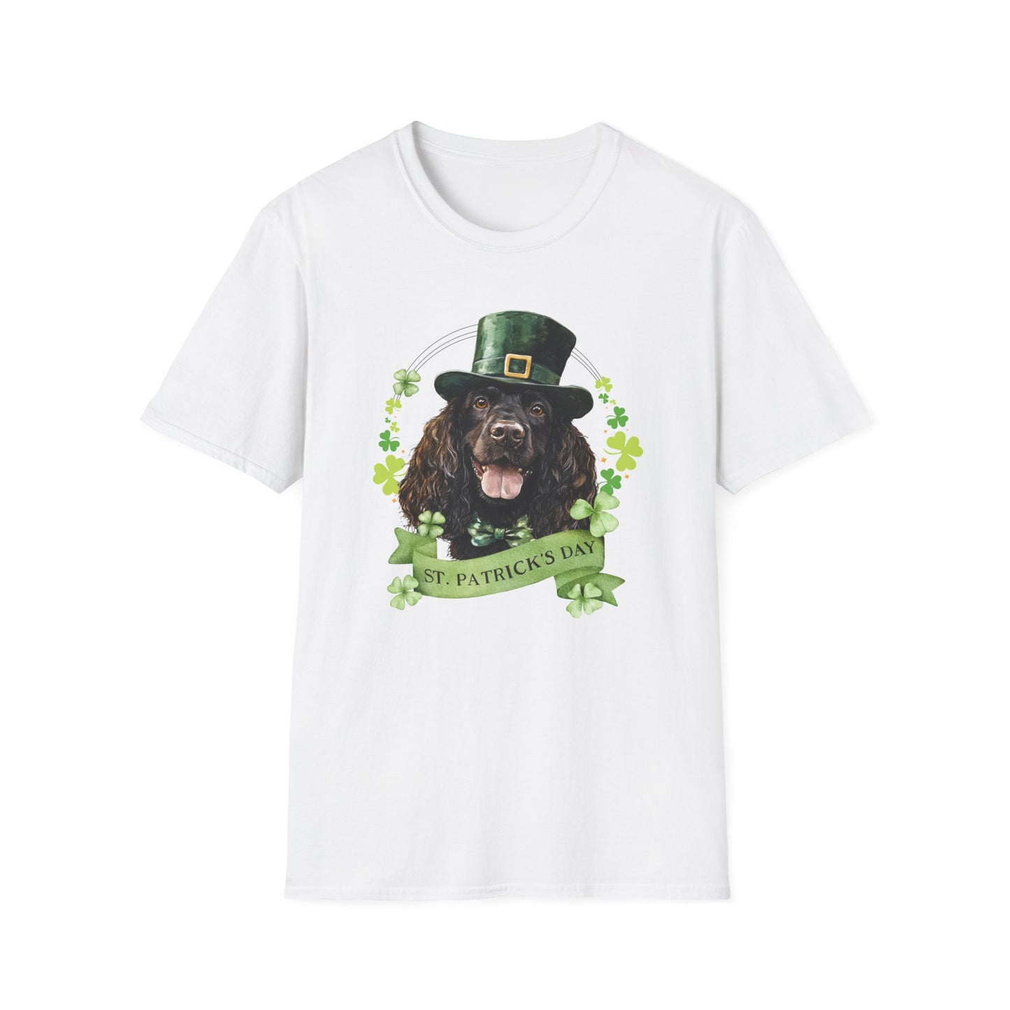 St. Patrick’s Day t-shirt featuring an Irish Water Spaniel with a shamrock garland and festive Irish design