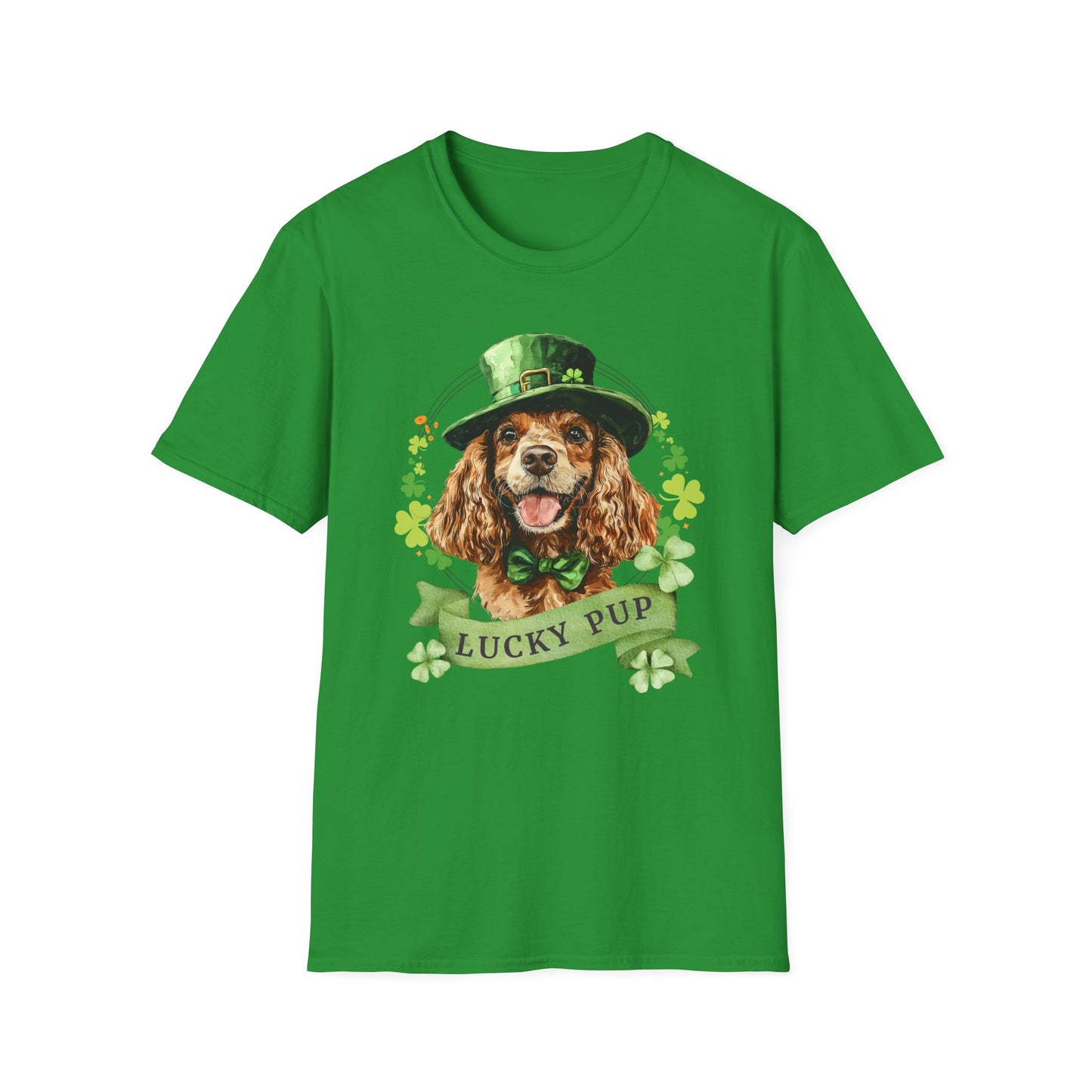 St. Patrick’s Day t-shirt featuring American cocker spaniel dog with a shamrock garland and festive Irish design