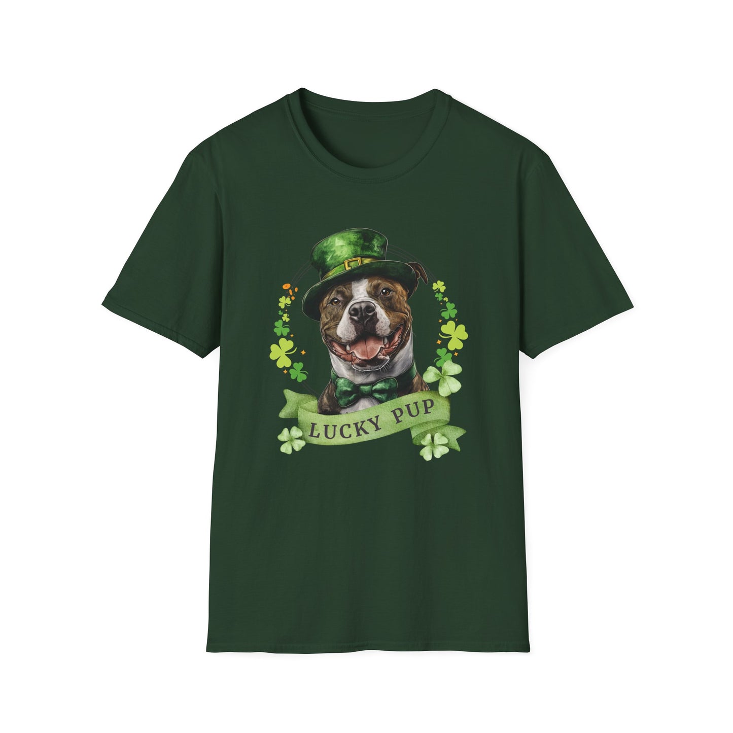 St. Patrick’s Day forest greet-shirt featuring a stafforshire bull terrier with a shamrock garland and festive Irish design
